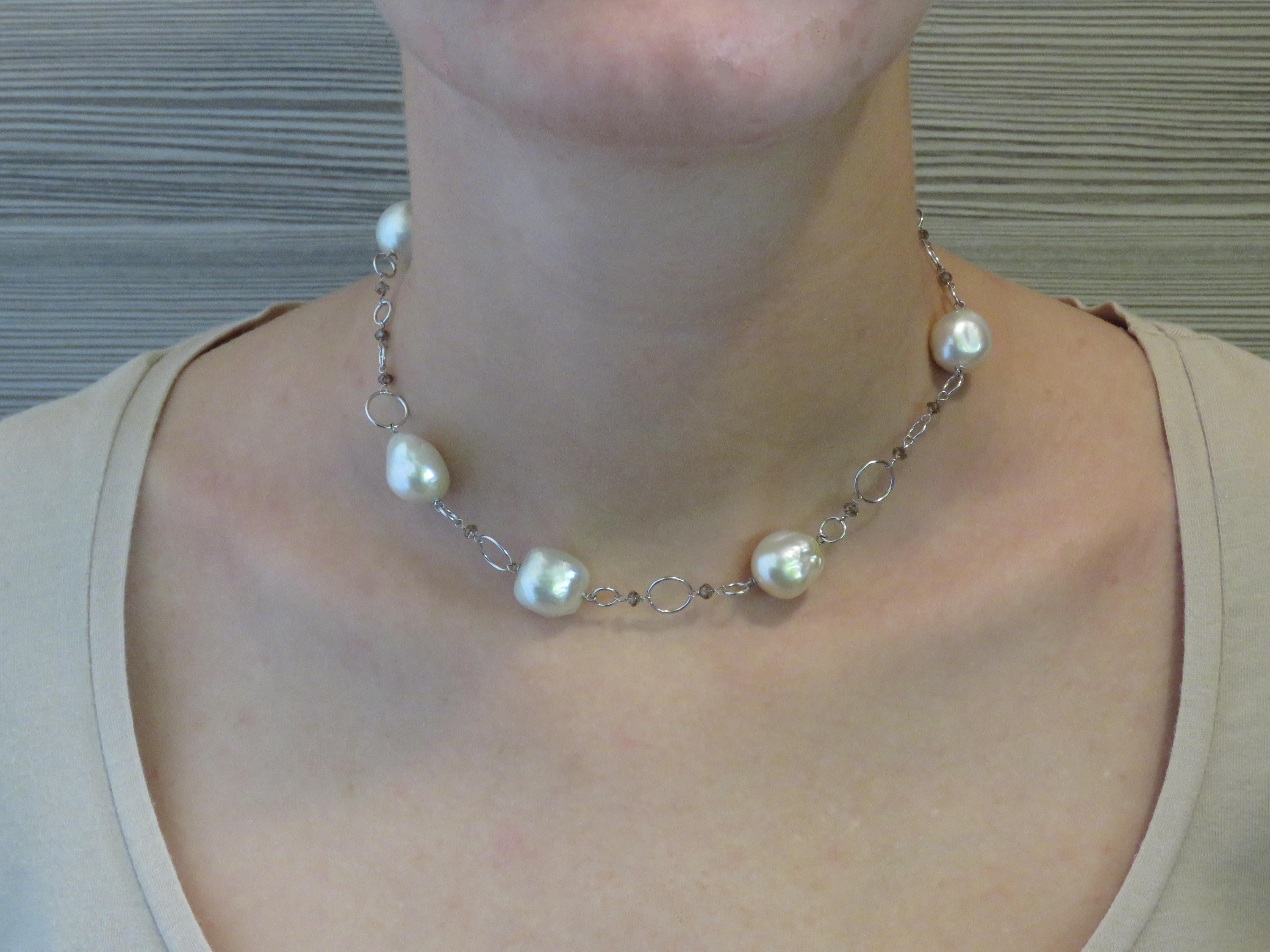 Unbelievable 6 natural Australian white pearls (15 x 12 millimeters / 0.59 x 0.47 inches) and brown diamonds necklace in 18k white gold. 
Total length is 420 millimeters / 16.53  inches.
The price is for one necklace 420 millimetres / 16.53 inches