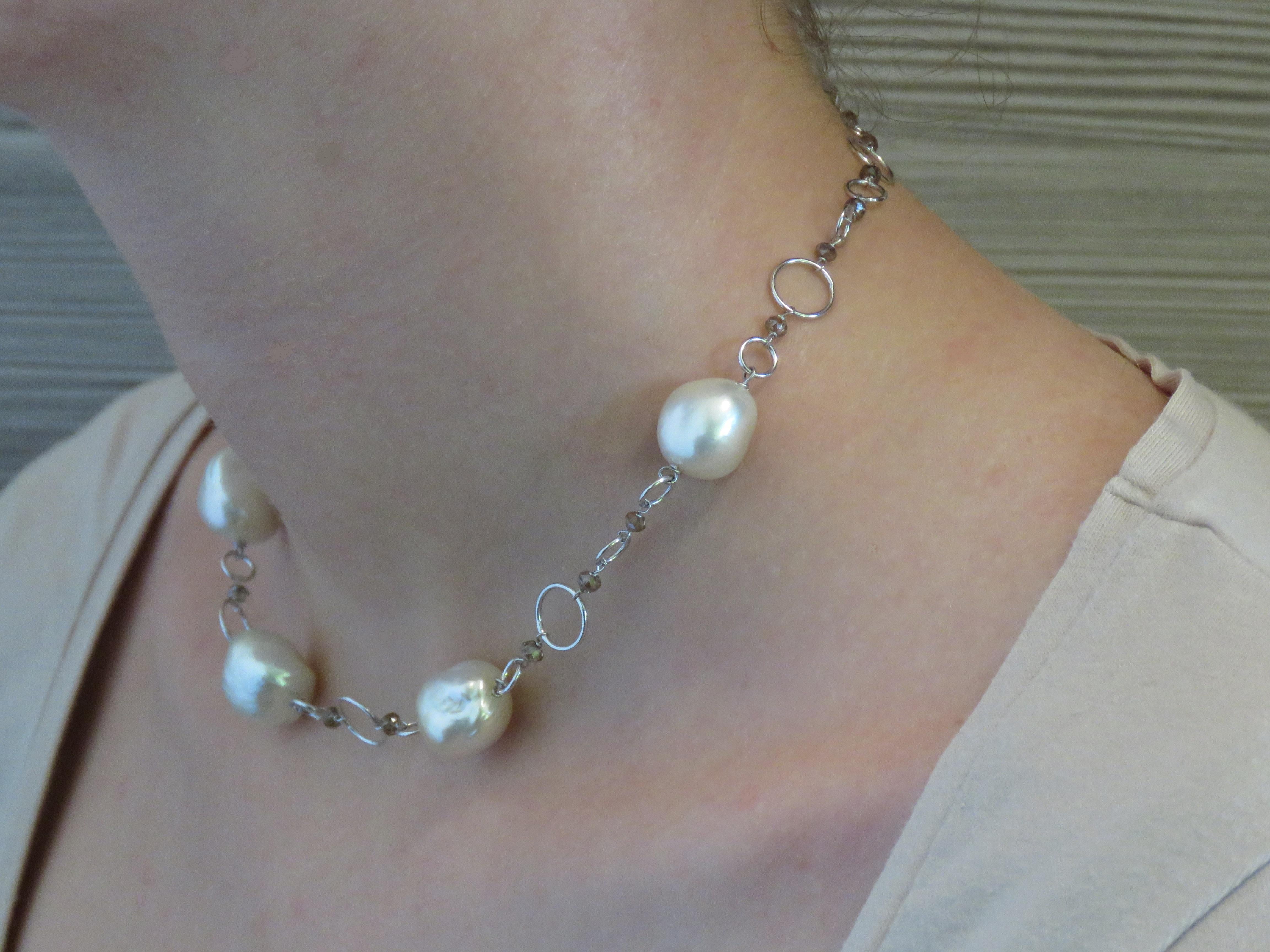 Contemporary Australian White Pearls Brown Diamonds White Gold Necklace Handcrafted in Italy