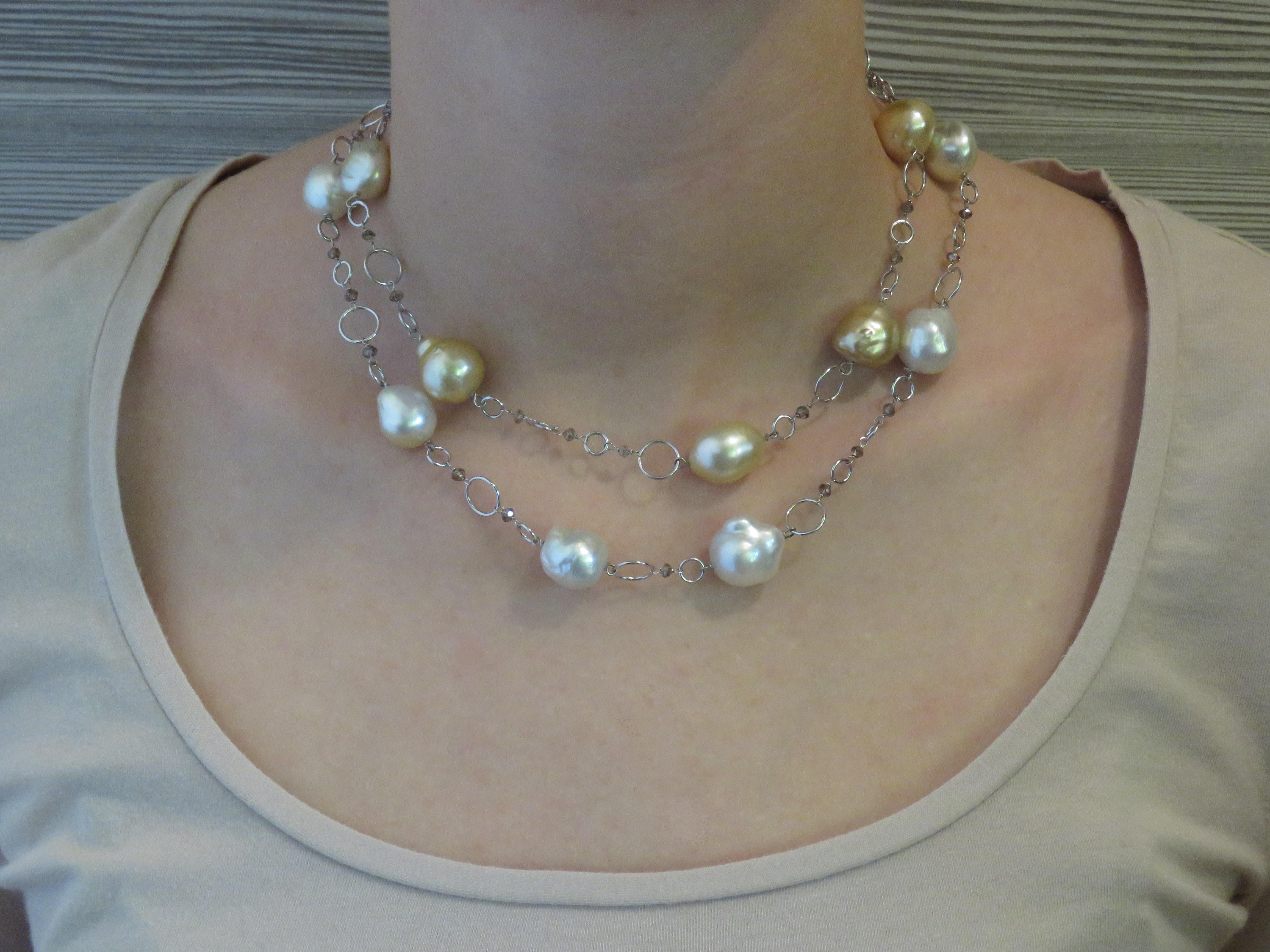 Ball Cut Australian White Pearls Brown Diamonds White Gold Necklace Handcrafted in Italy