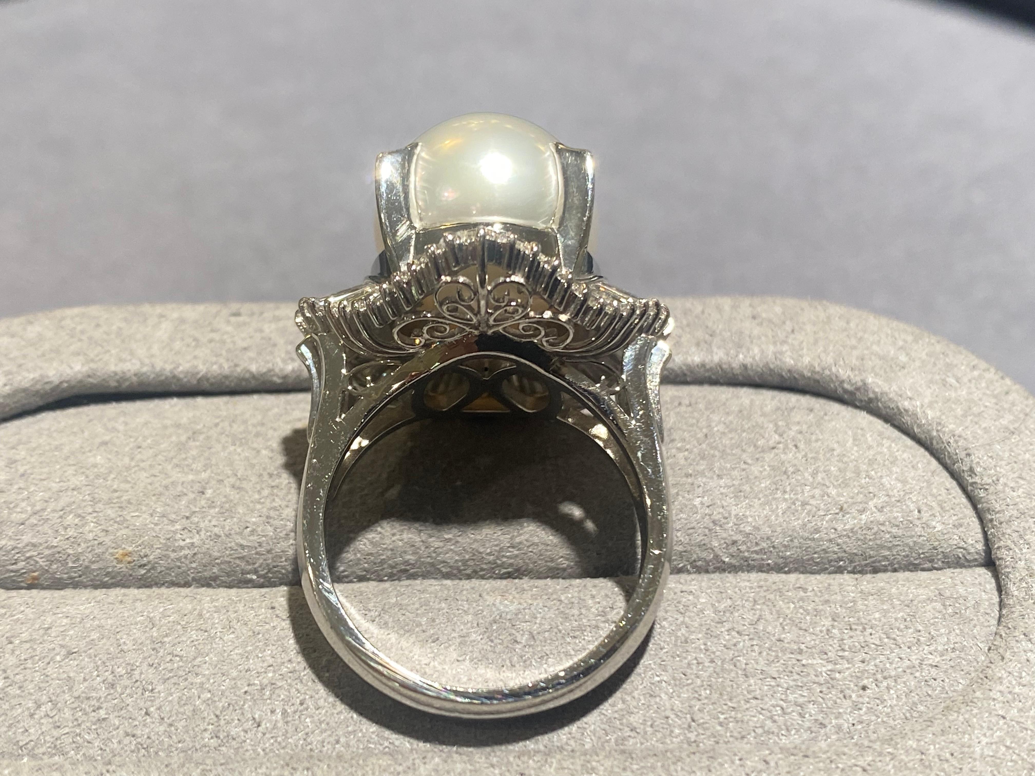 Bead Australian White South Sea Pearl and Diamond Ring in Pt 900 Platinum For Sale