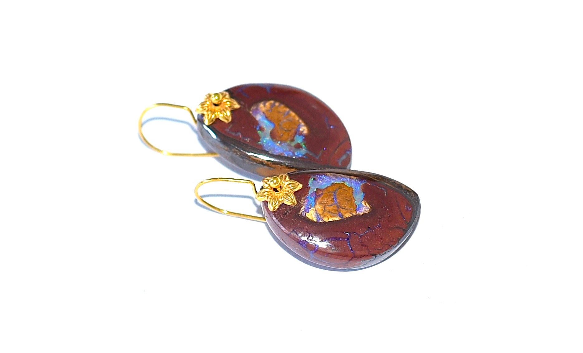 Very unique premium Australian Yowah Boulder Opal earrings! 
Australian Boulder Opal is found in the desert of Queensland. This region is very harsh, with temperatures that reach over 120 degrees. Opal mining is a very difficult process, and few