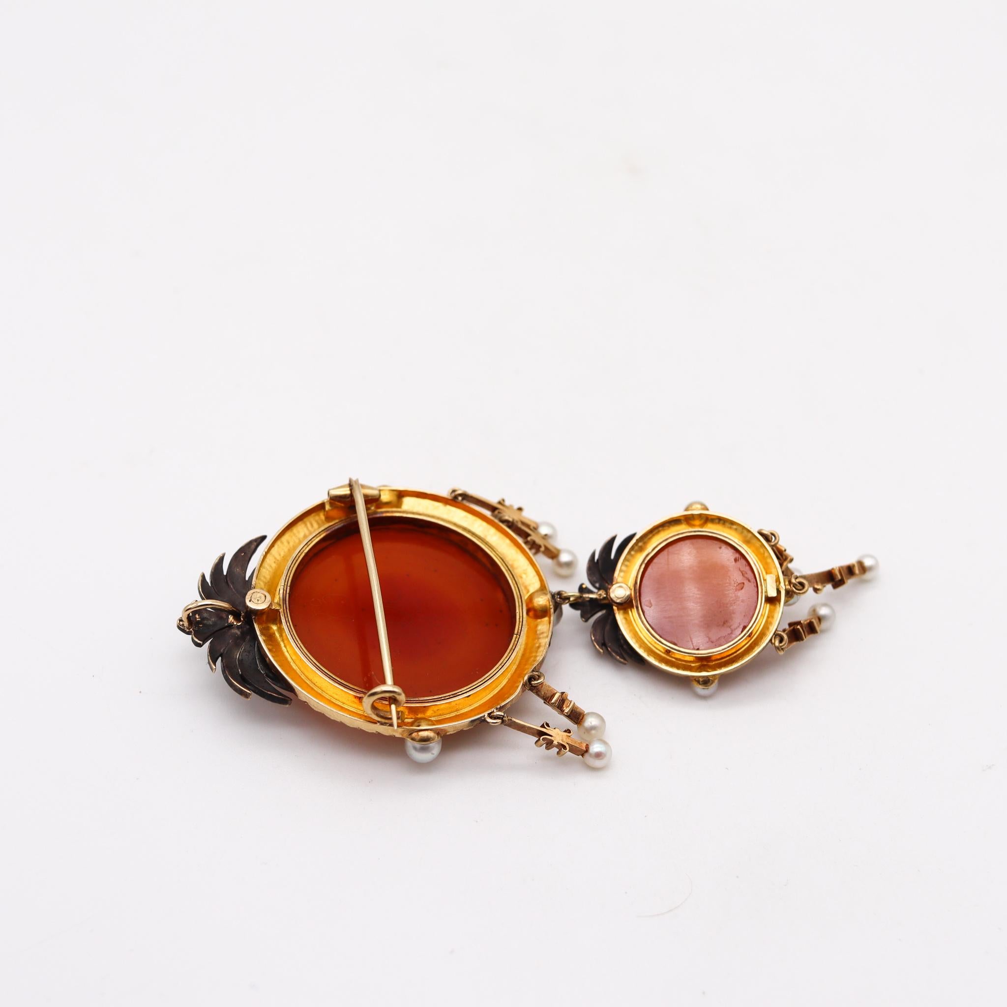 Rose Cut Austria 1870 Vienna Carved Agate Pendant Brooch in 18kt Gold with Natural Pearls For Sale
