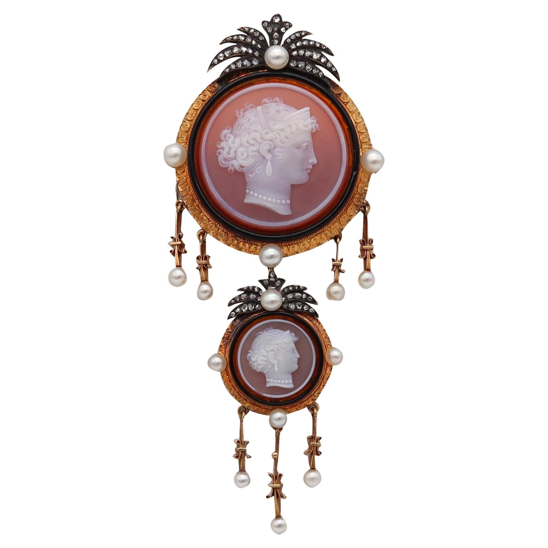 Austria 1870 Vienna Carved Agate Pendant Brooch in 18kt Gold with Natural Pearls For Sale