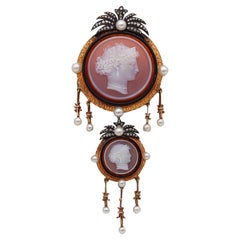 Antique Austria 1870 Vienna Carved Agate Pendant Brooch in 18kt Gold with Natural Pearls