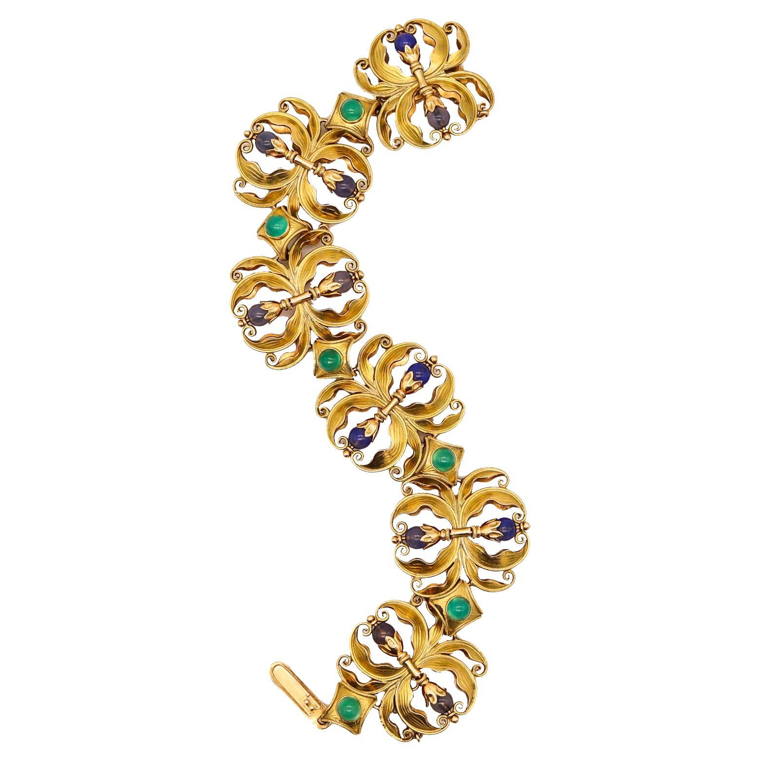 Austria 1890 Art Nouveau Organic Links Bracelet 18kt Yellow Gold with Gemstones For Sale