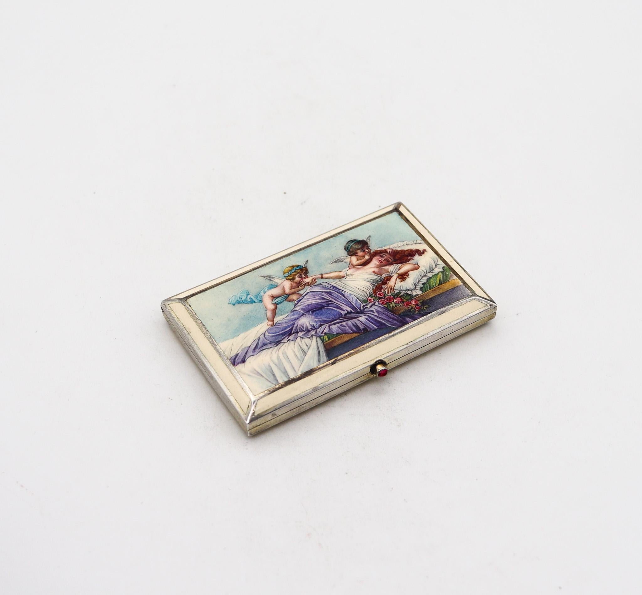 Austria art nouveau allegorical enamelled box

A very beautiful Austro-Hungarian presentation box, created in Vienna during the art nouveau period, back in the early 1900. This rare box is in great condition with no trace of use and was carefully