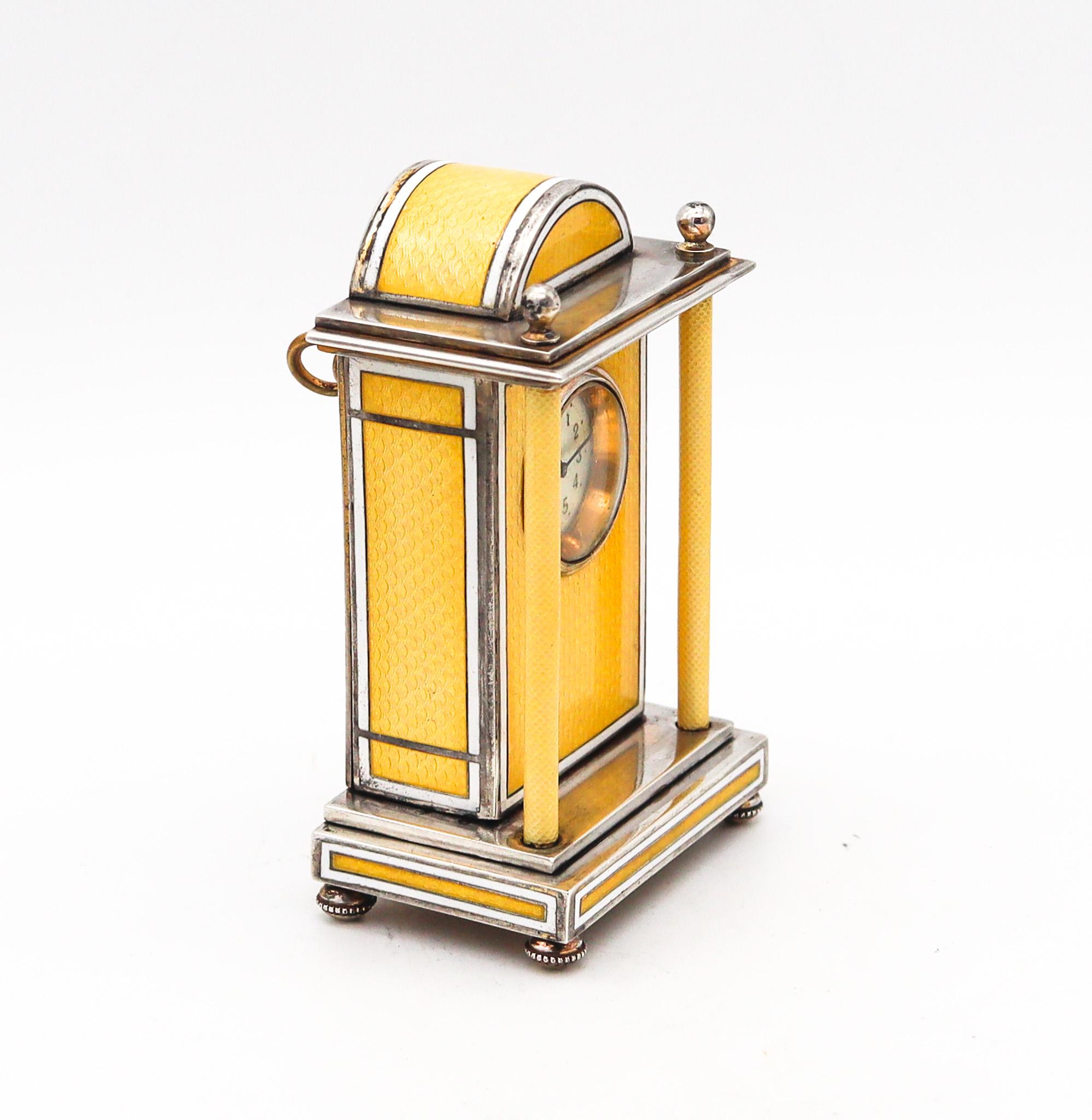 Enameled Austria 1910 Edwardian Guilloché Enamel Miniature Boudoir Clock In .950 Sterling For Sale