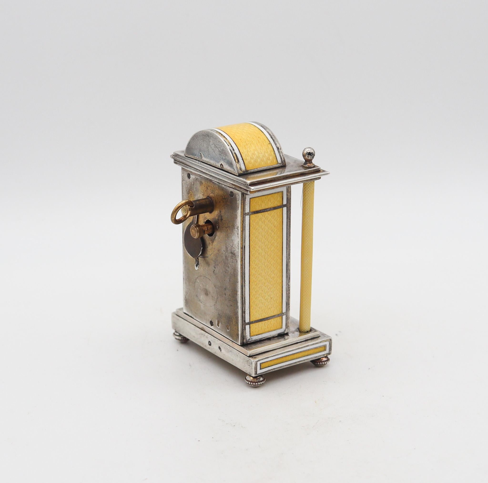 Austria 1910 Edwardian Guilloché Enamel Miniature Boudoir Clock In .950 Sterling In Excellent Condition For Sale In Miami, FL