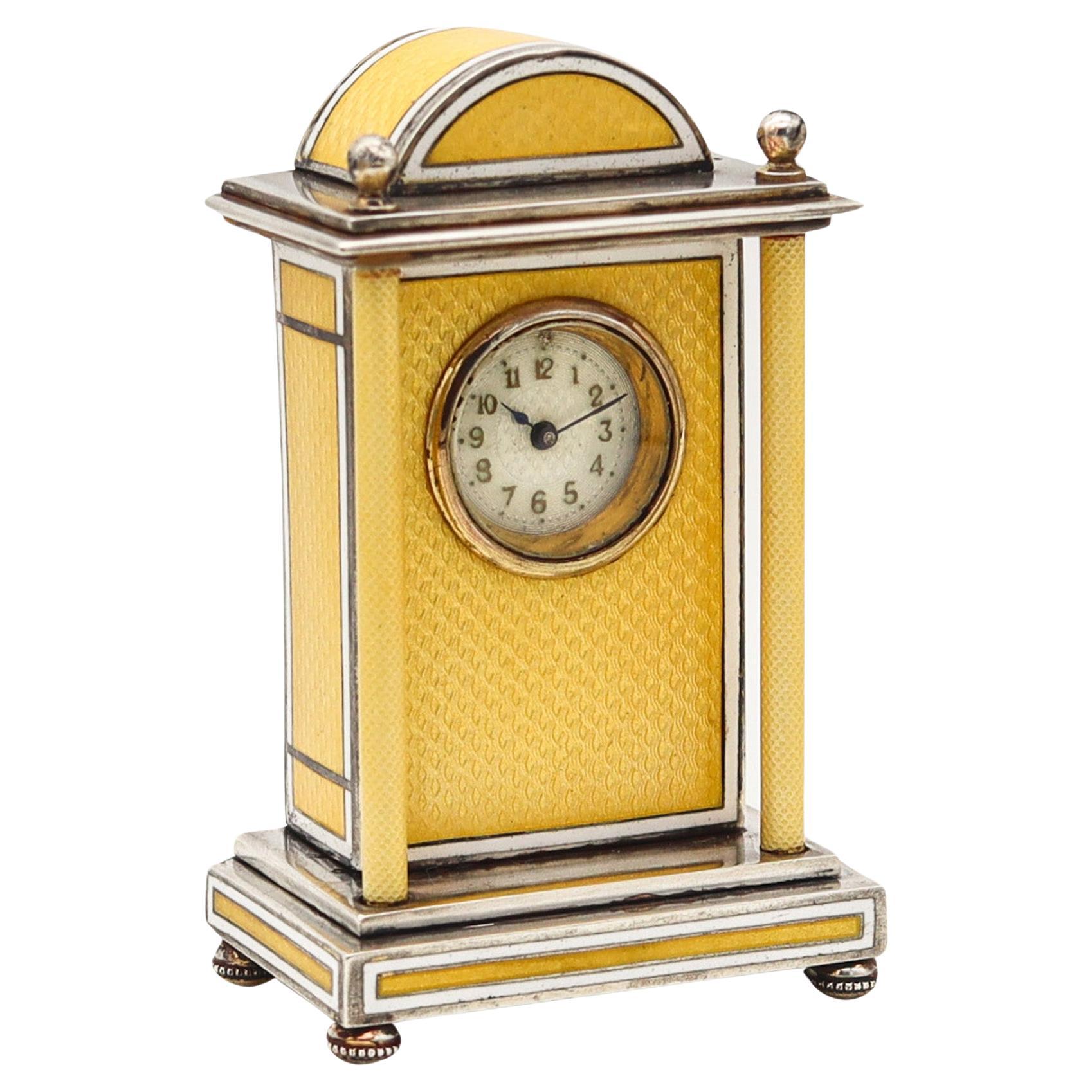 Austria 1910 Edwardian Guilloché Enamel Miniature Boudoir Clock In .950 Sterling