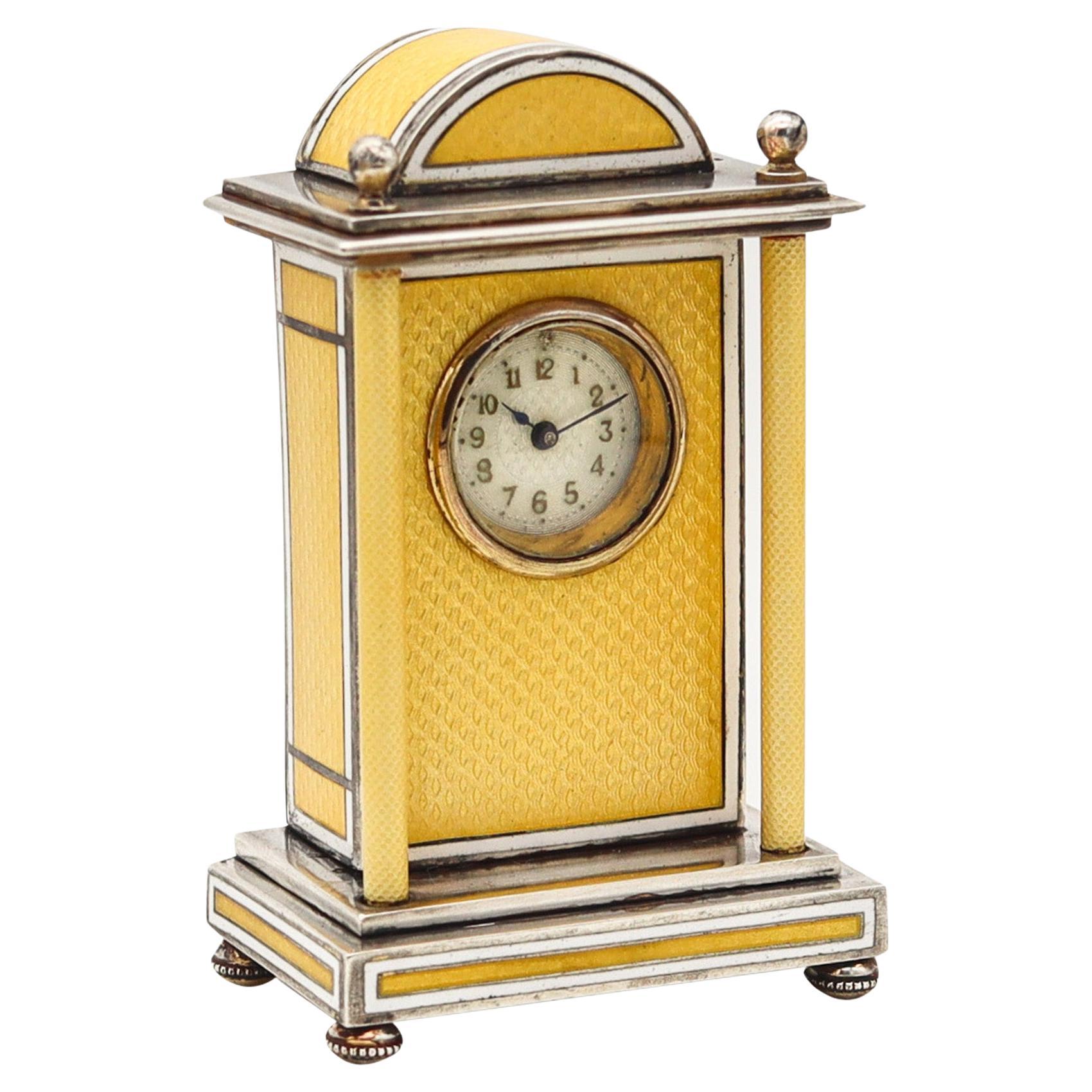 Austria 1910 Edwardian Guilloché Enamel Miniature Boudoir Clock In .950 Sterling