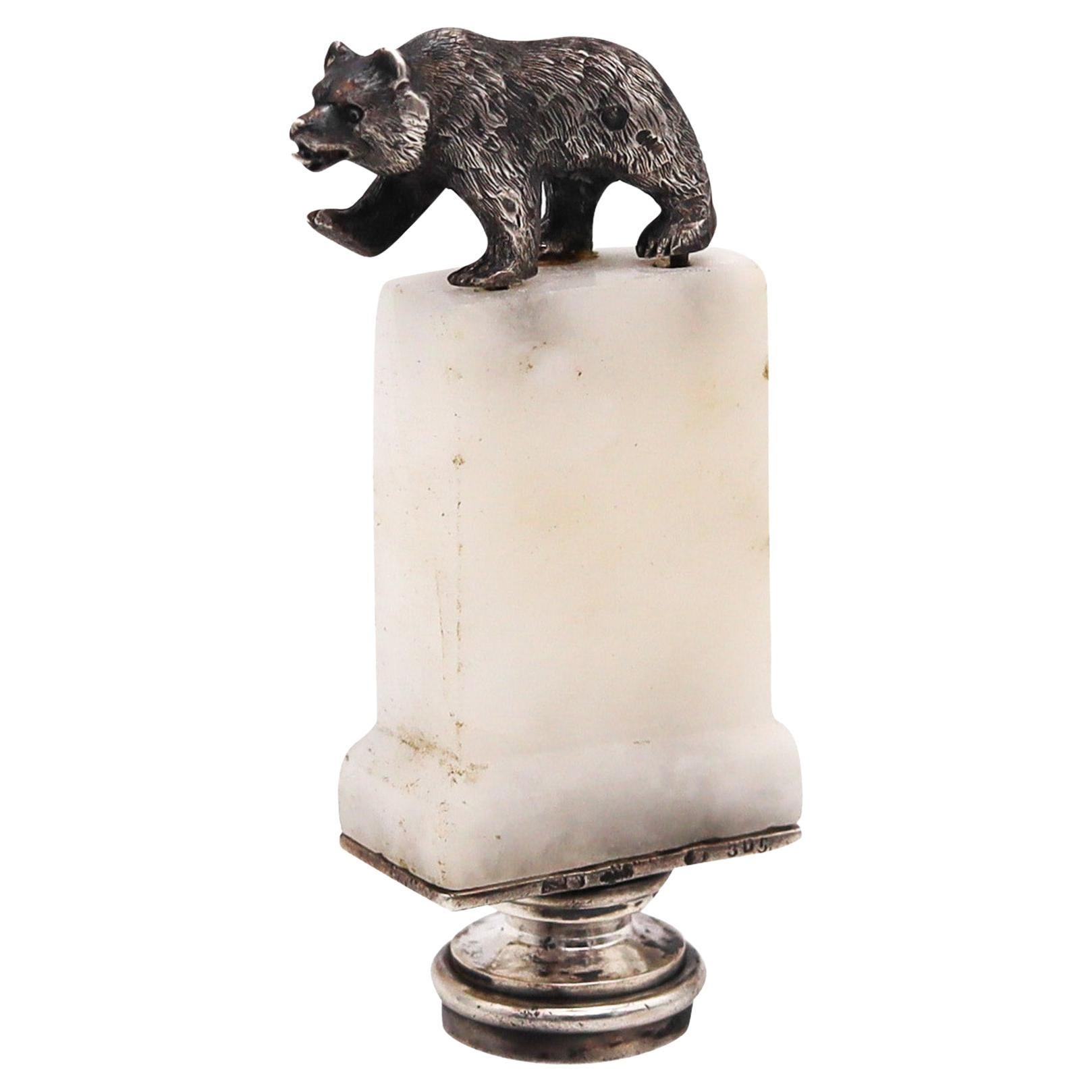 Georg Adam Scheid 1910 Austria Desk Seal With Bear 900 Sterling Silver & Marble