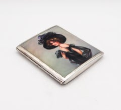 Austria 1918 Art Deco Cigarette Case in .900 Silver with Enameled Dressed Woman