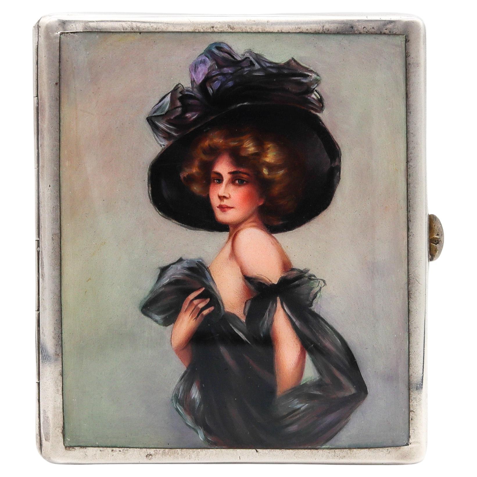 Austria 1918 Art Deco Cigarette Case in .900 Silver with Enameled Dressed Woman