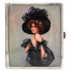 Austria 1918 Art Deco Cigarette Case in .900 Silver with Enameled Dressed Woman