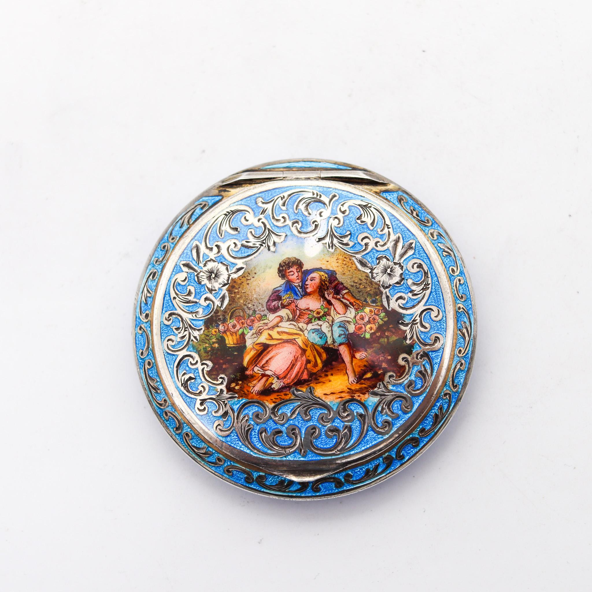 Polished Austria 1922 Art Deco Polychrome And Blue Enamel Round Box .925 Sterling Silver For Sale