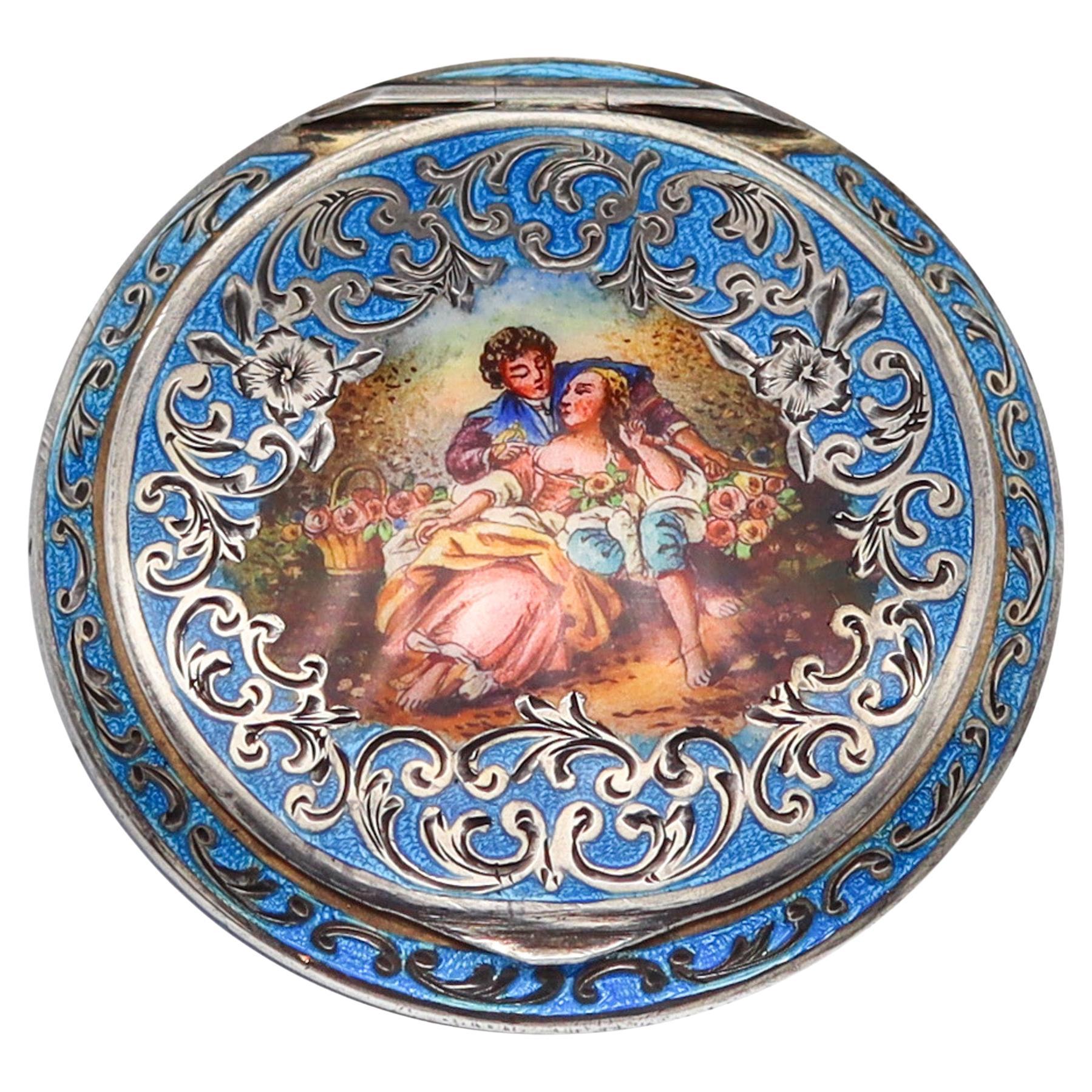 Austria 1922 Art Deco Polychrome And Blue Enamel Round Box .925 Sterling Silver For Sale
