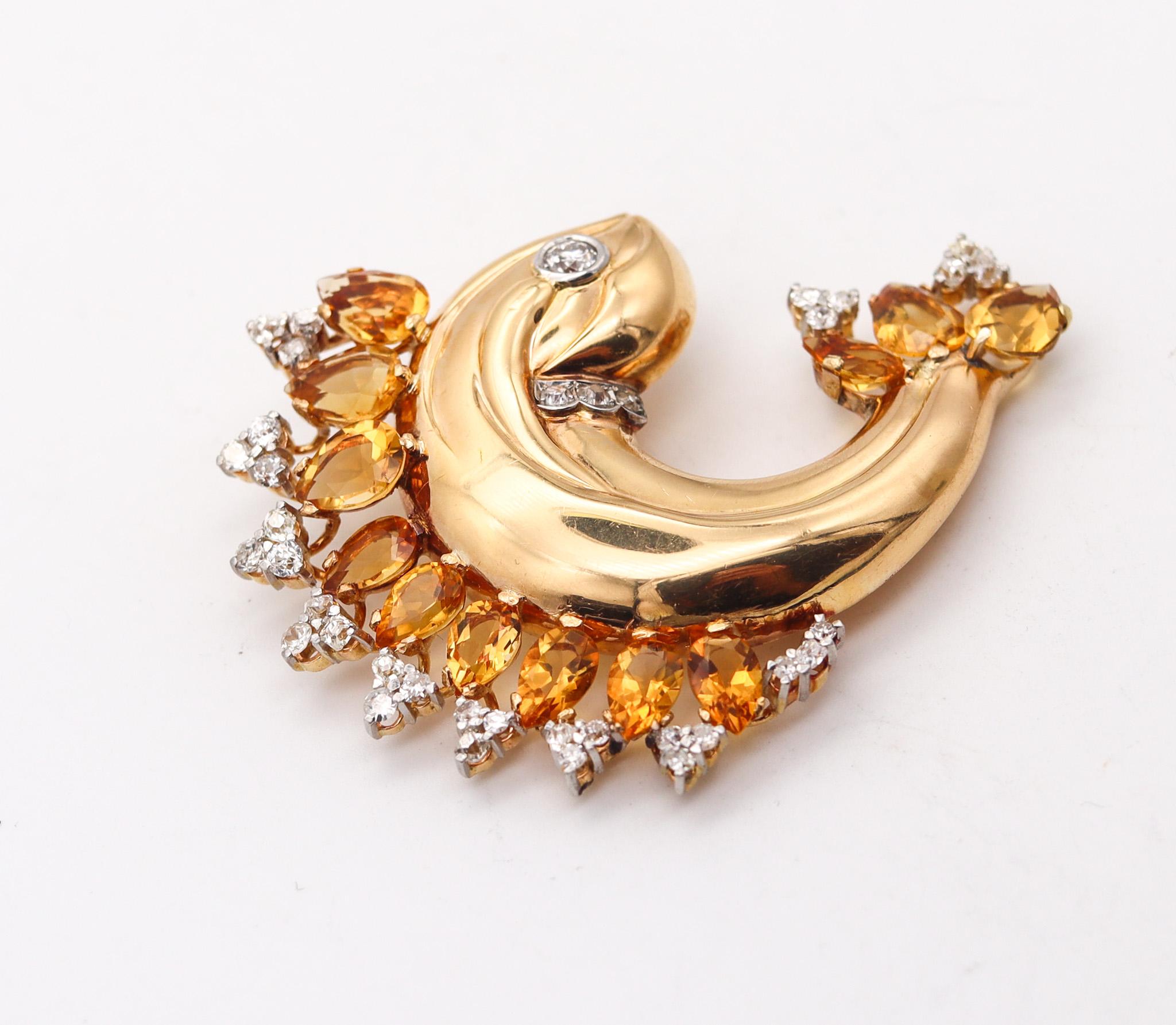 Mixed Cut Austria 1930 Art Deco Fish Brooch In 18Kt Gold With 33.28 Ctw Diamonds & Citrine For Sale