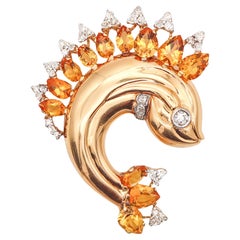 Broche poisson Art déco d'Autriche 1930 en or 18 carats avec 33,28 carats de diamants et citrine