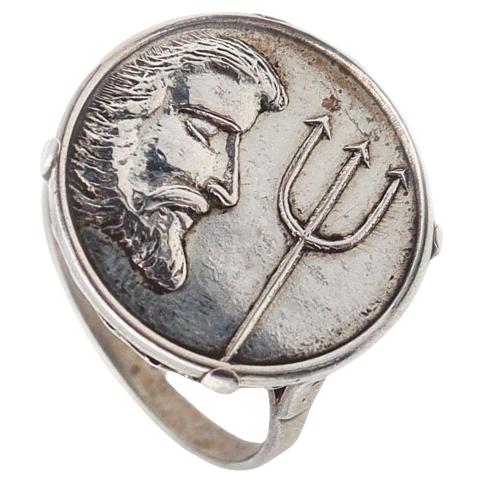 Austria 1930 Art Deco Neptune Mythological Ring In .835 Sterling Sliver For Sale