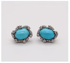 Boucles d'oreilles en platine avec diamants et turquoises de 19,12 carats, de style Art déco tardif, Autriche, 1950