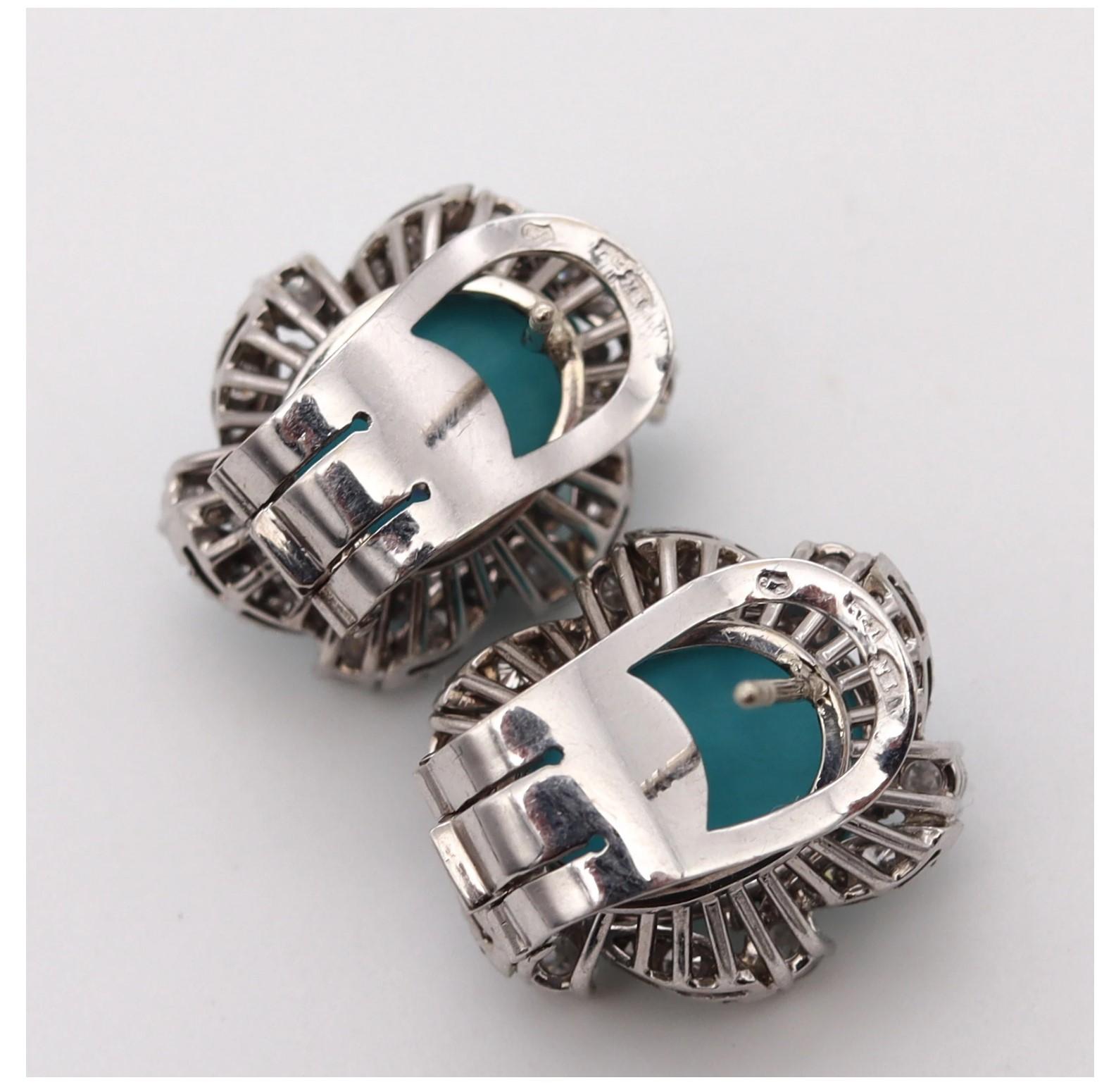 Austria 1950 Late Deco Earrings Platinum with 19.12 Cts in Diamonds & Turquoises In Excellent Condition In Miami, FL