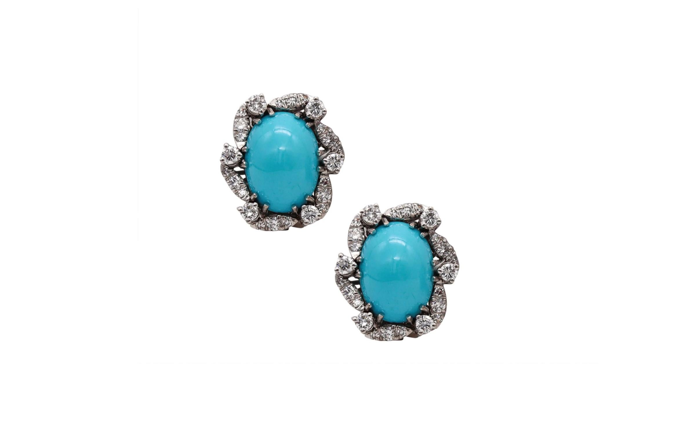 Austria 1950 Late Deco Earrings Platinum with 19.12 Cts in Diamonds & Turquoises 1