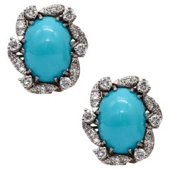 Austria 1950 Late Deco Earrings Platinum with 19.12 Cts in Diamonds & Turquoises