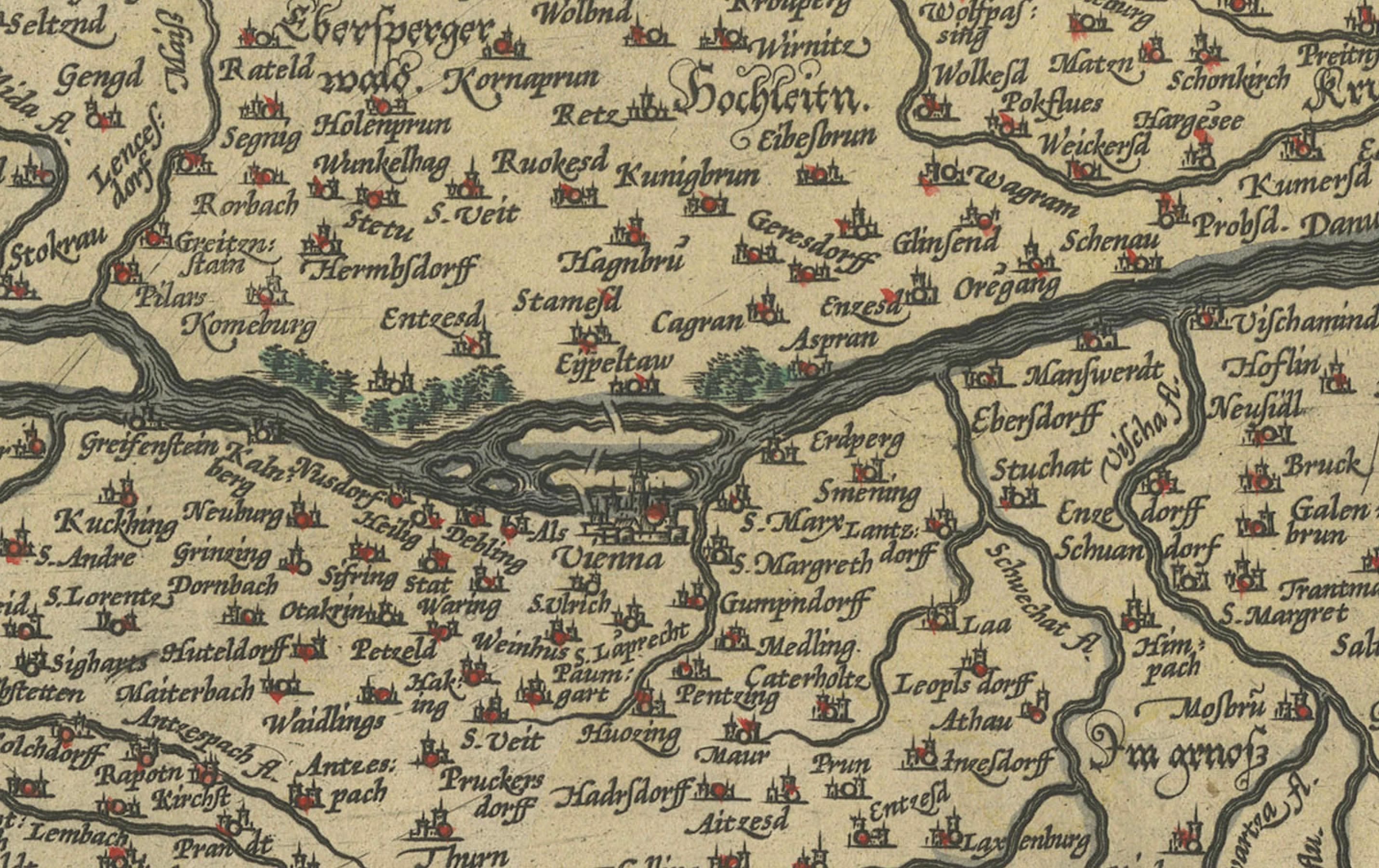 Titel:  
Avstriae Descrip - Wolfgang Lazius' Karte von Österreich, 16. Jahrhundert  

Beschreibung:  
Diese außergewöhnliche Karte von Österreich ist eine Hommage an den österreichischen Humanisten und Kartografen Wolfgang Lazius. Diese Karte, die