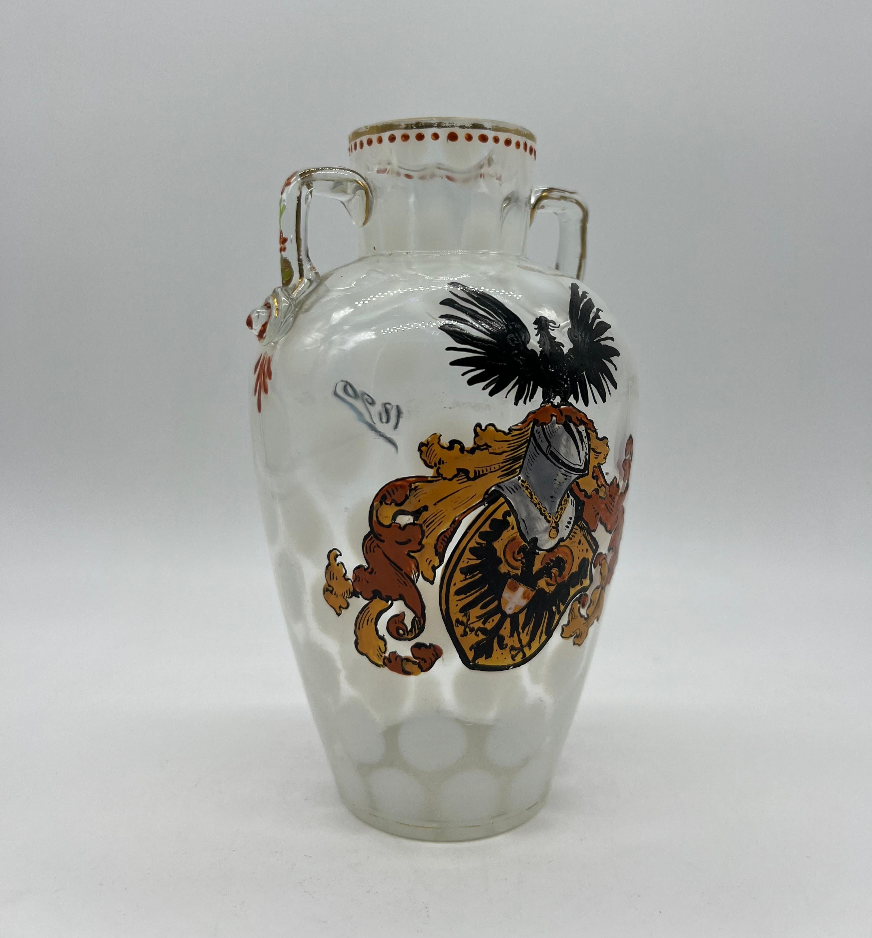 Austria glass vase with Vienna coat of arms around 1890, rare, hand painted, good original condition.
 