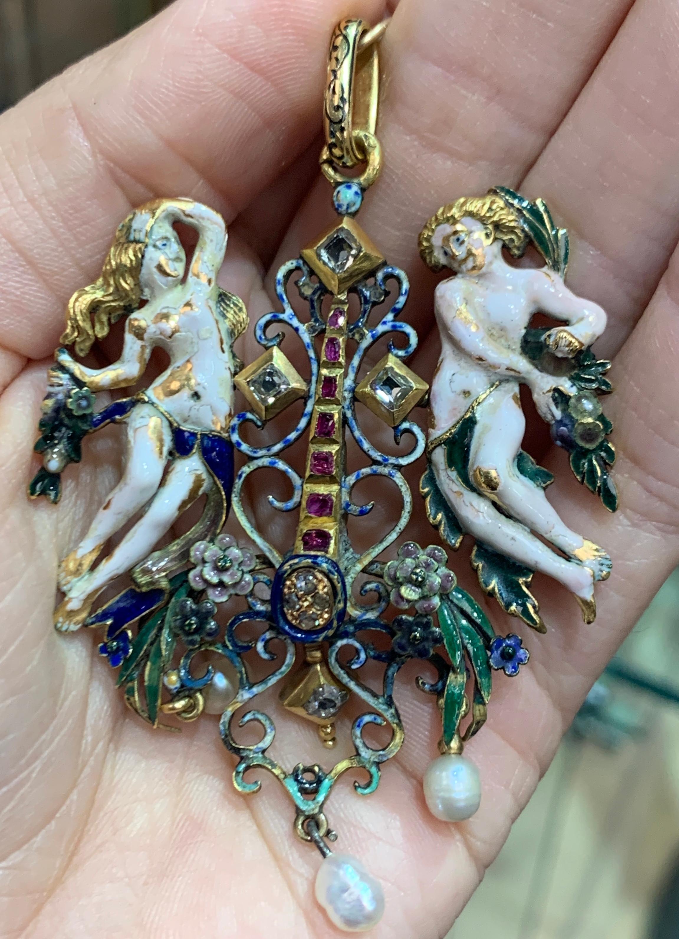 Round Cut Austria-Hungarian Renaissance Revival Adam and Eve Brooch For Sale