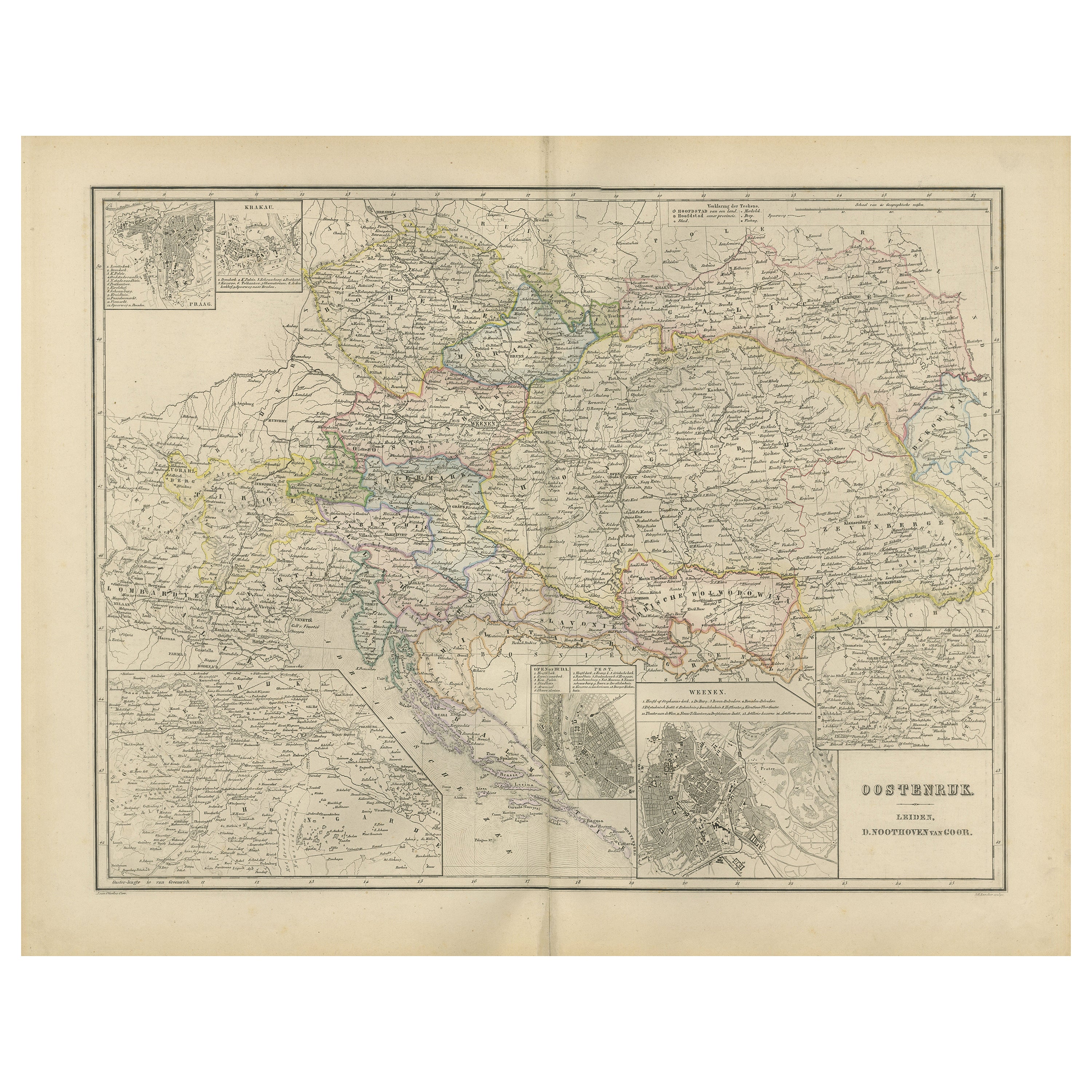 Carte de l
Autriche-Hongrie avec encart sur Vienne - Nieuwe Hand-Atlas, Leiden 1876
