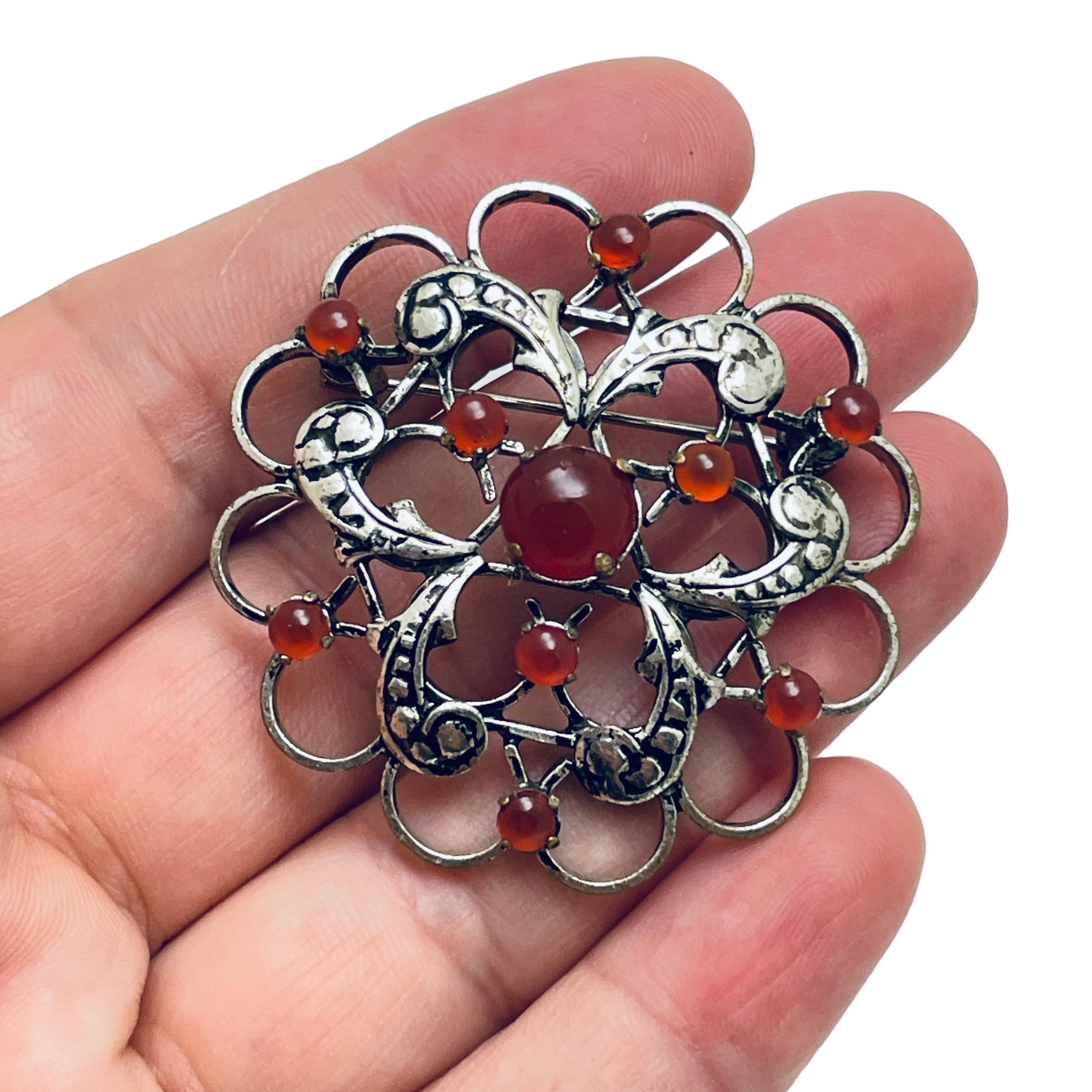 Women's AUSTRIA signed vintage silver carnelian designer brooch For Sale