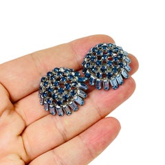 AUSTRIA signed vintage silver tone blue rhinestones designer clip on earrings