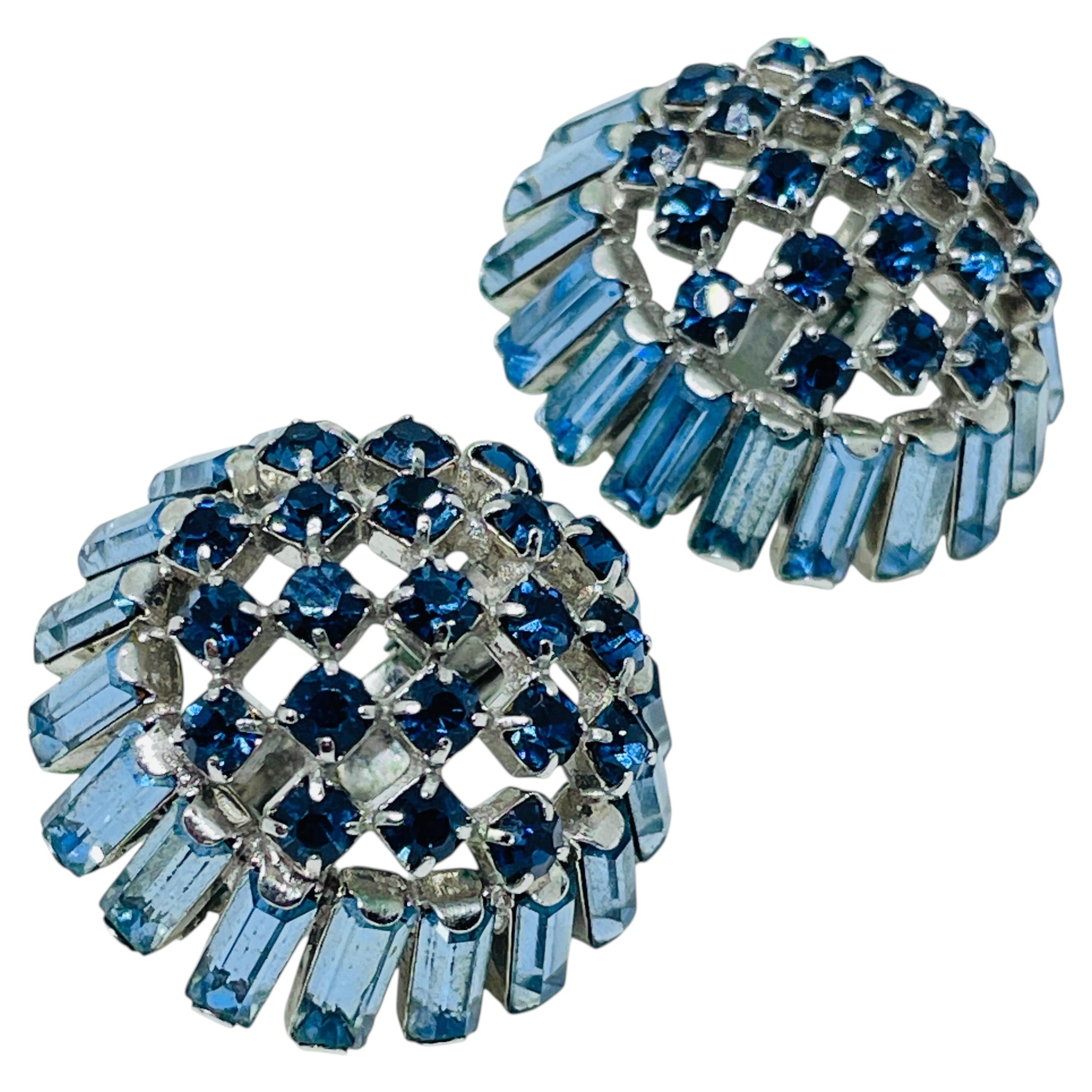 AUSTRIA signed vintage silver tone blue rhinestones designer clip on earrings