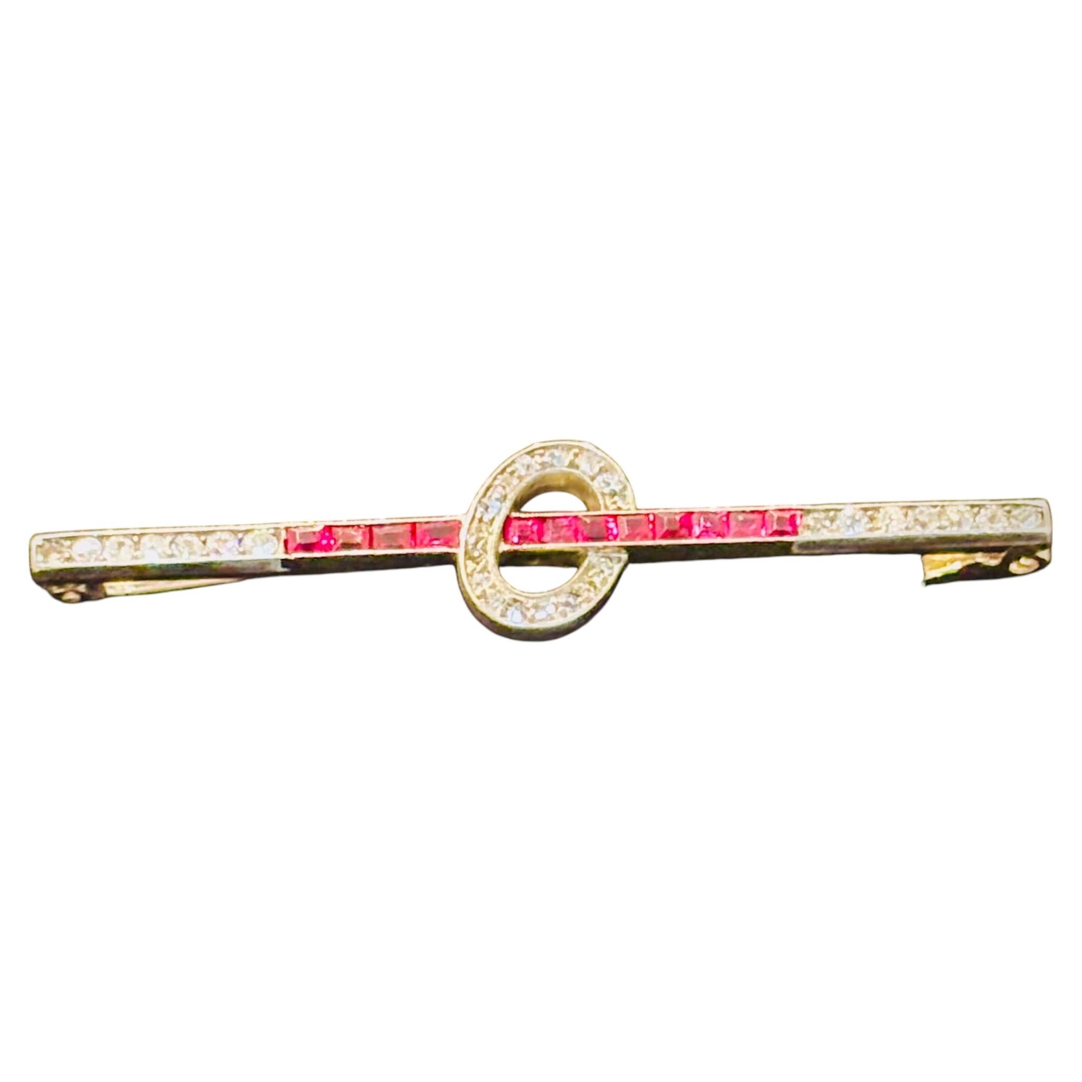 Antique Austrian 14K Gold Diamond Ruby Bar Brooch, Circa 1915-1925