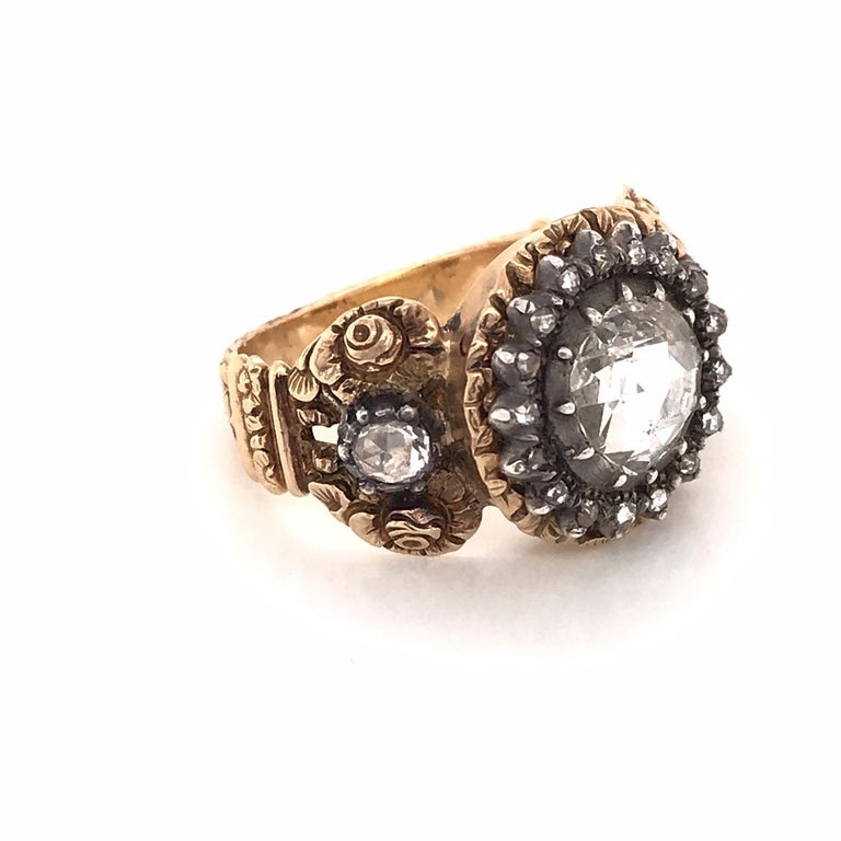 Austrian 18 Karat Rose Diamond Repousse Ring at 1stDibs