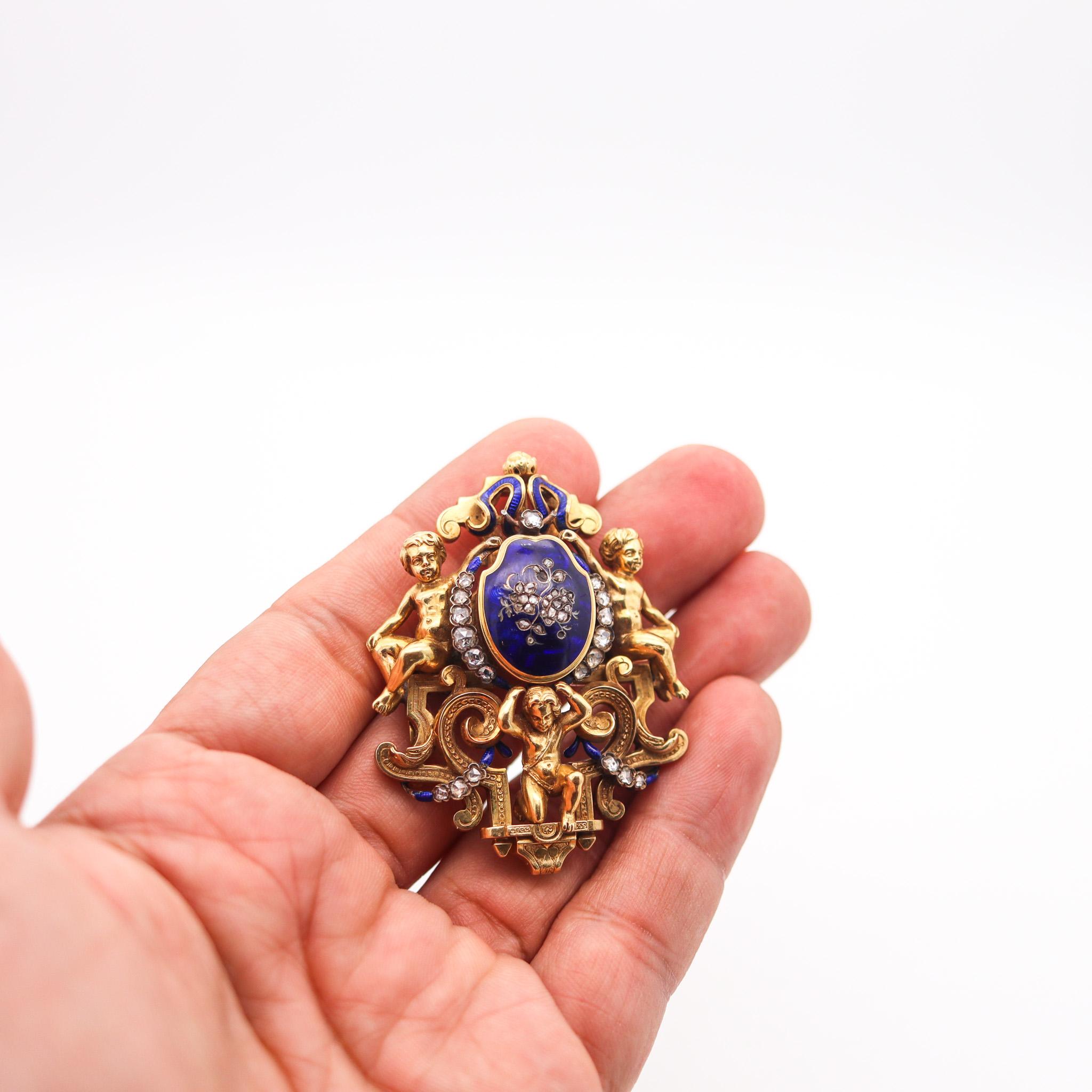 Austrian 1820 Georgian Enameled Pendant Brooch In 18Kt Gold & Rose Cuts Diamonds In Excellent Condition For Sale In Miami, FL