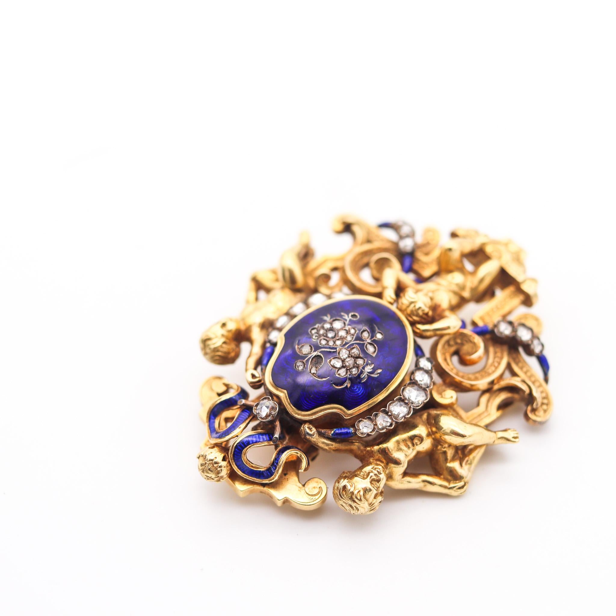 Women's Austrian 1820 Georgian Enameled Pendant Brooch In 18Kt Gold & Rose Cuts Diamonds For Sale