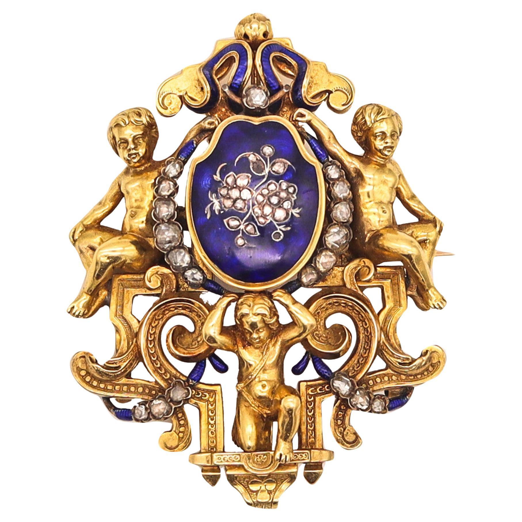 Austrian 1820 Georgian Enameled Pendant Brooch In 18Kt Gold & Rose Cuts Diamonds