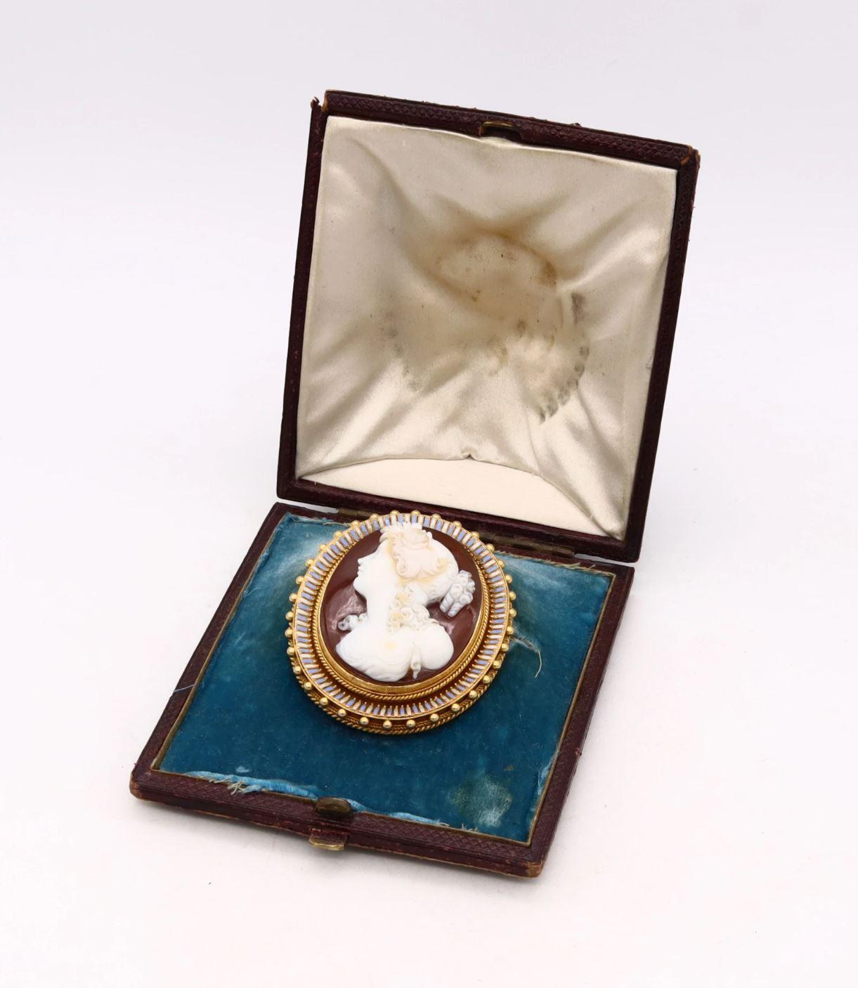 Viennese 1840 Etruscan revival agate cameo of Flora.

This fabulous rare Austrian piece features a tree-dimensional cameo piece, carved from two layers of natural agate, with gradations of colors; from translucent orange brown to frosted white with