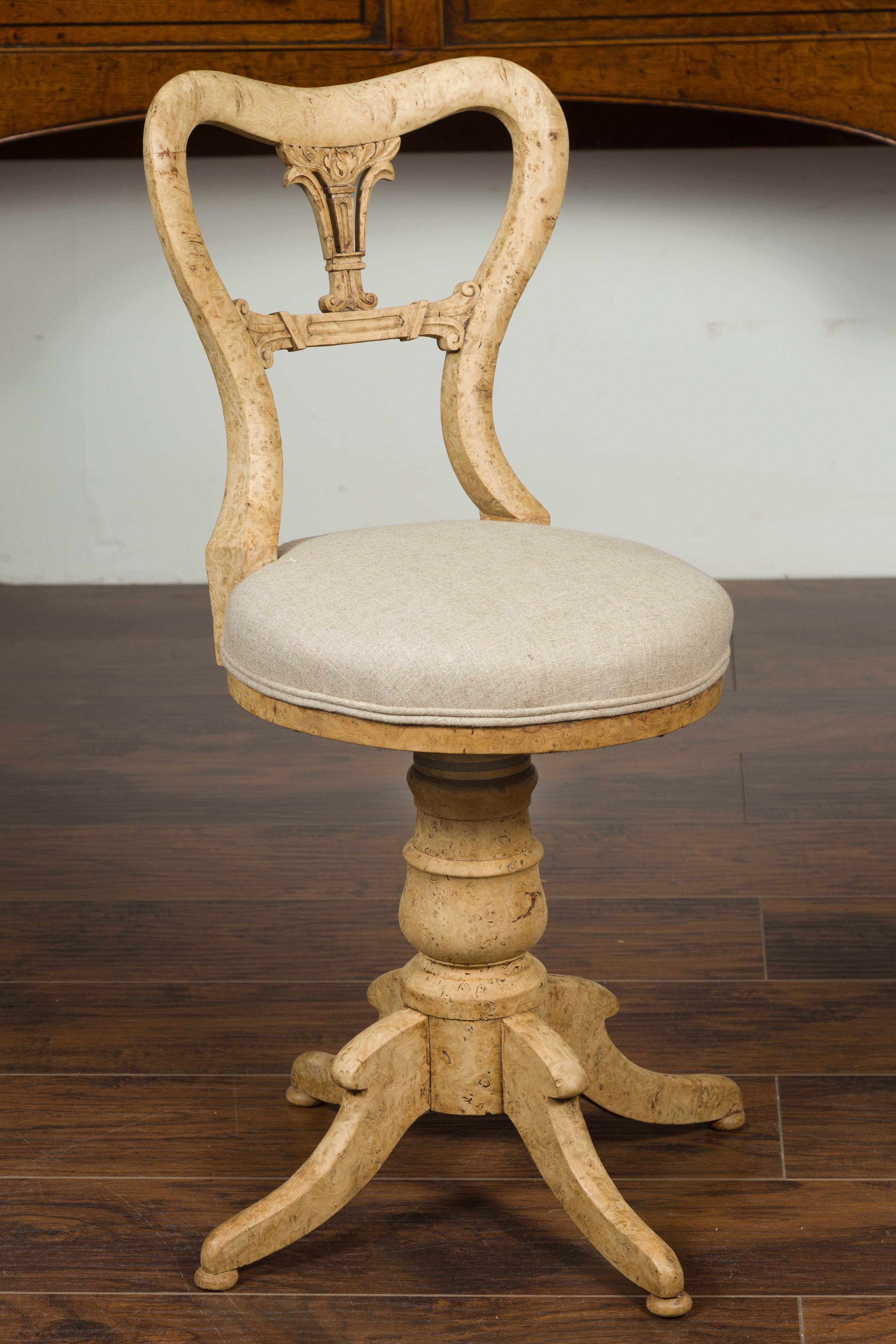 Austrian 1840s Biedermeier Bleached Burled Walnut Swivel Chair with Upholstery For Sale 7