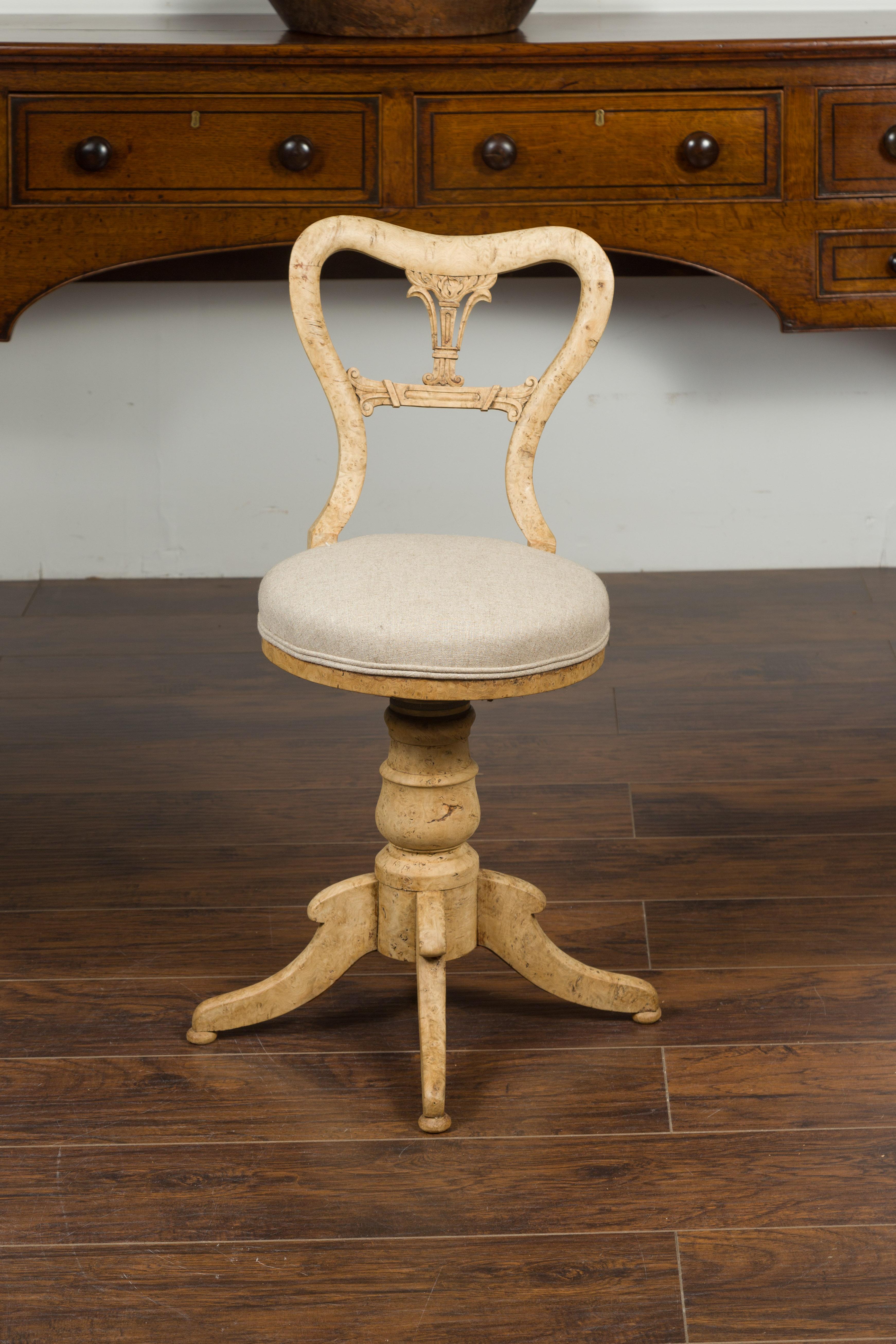 Austrian 1840s Biedermeier Bleached Burled Walnut Swivel Chair with Upholstery In Good Condition For Sale In Atlanta, GA