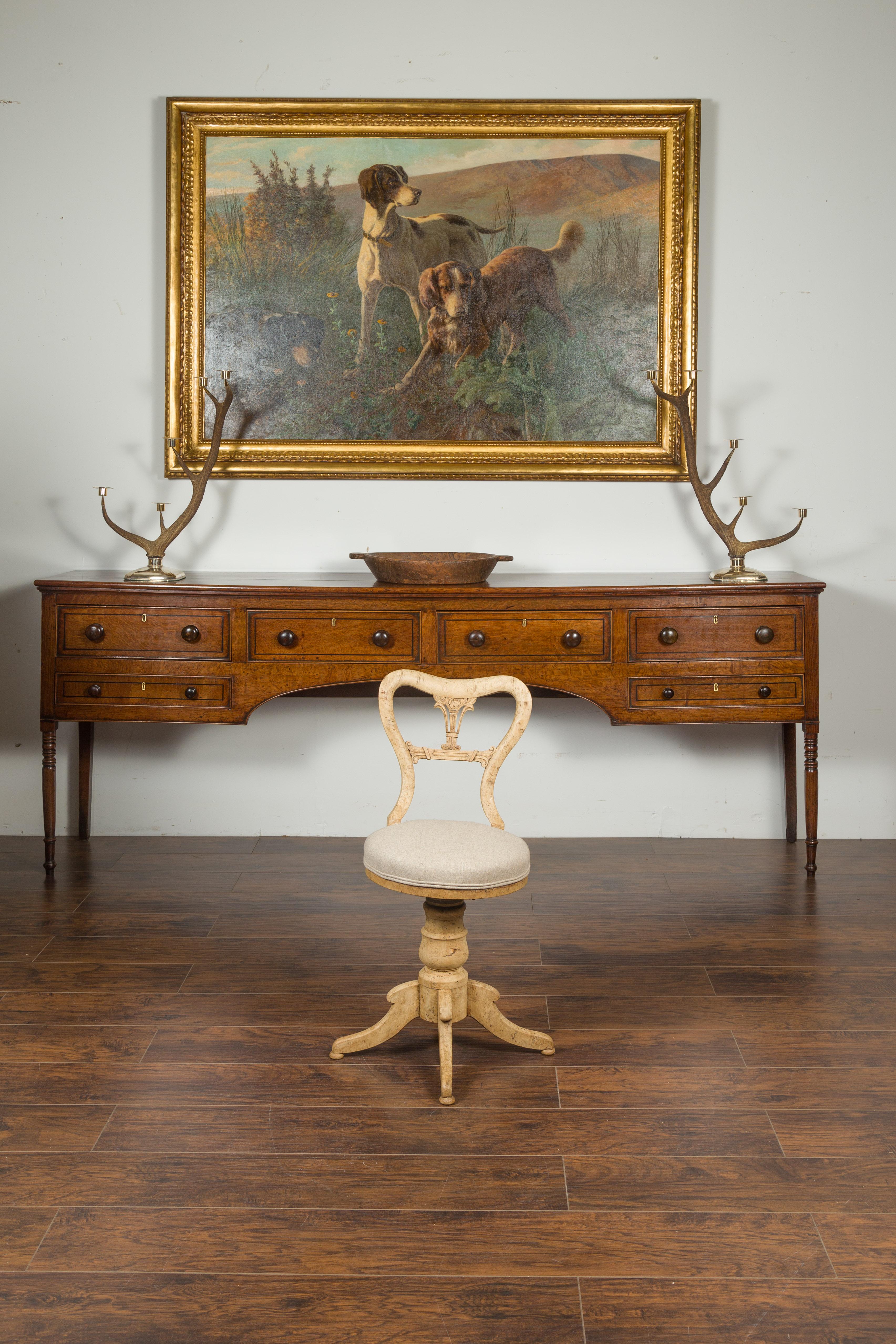 19th Century Austrian 1840s Biedermeier Bleached Burled Walnut Swivel Chair with Upholstery For Sale