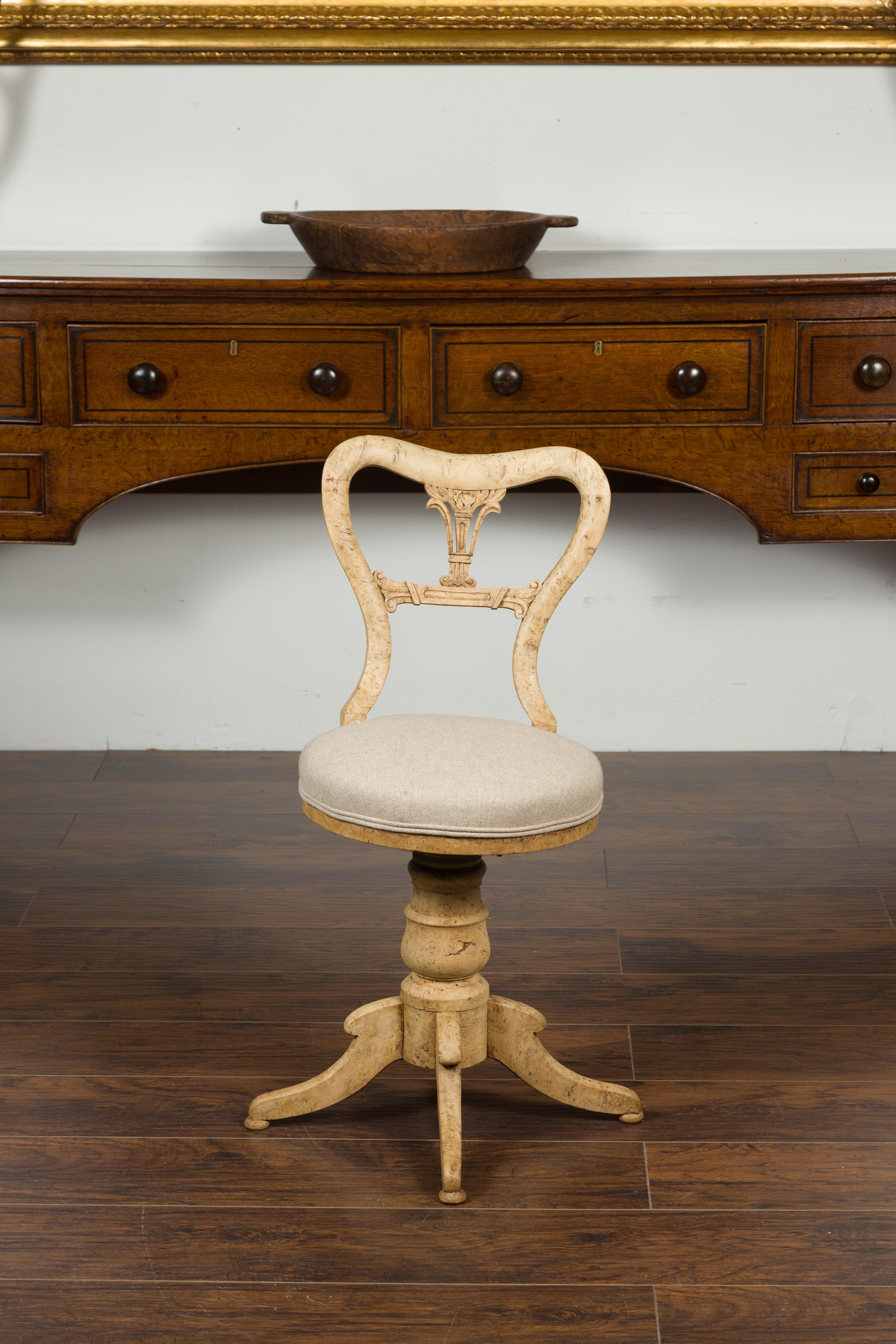 Austrian 1840s Biedermeier Bleached Burled Walnut Swivel Chair with Upholstery 1