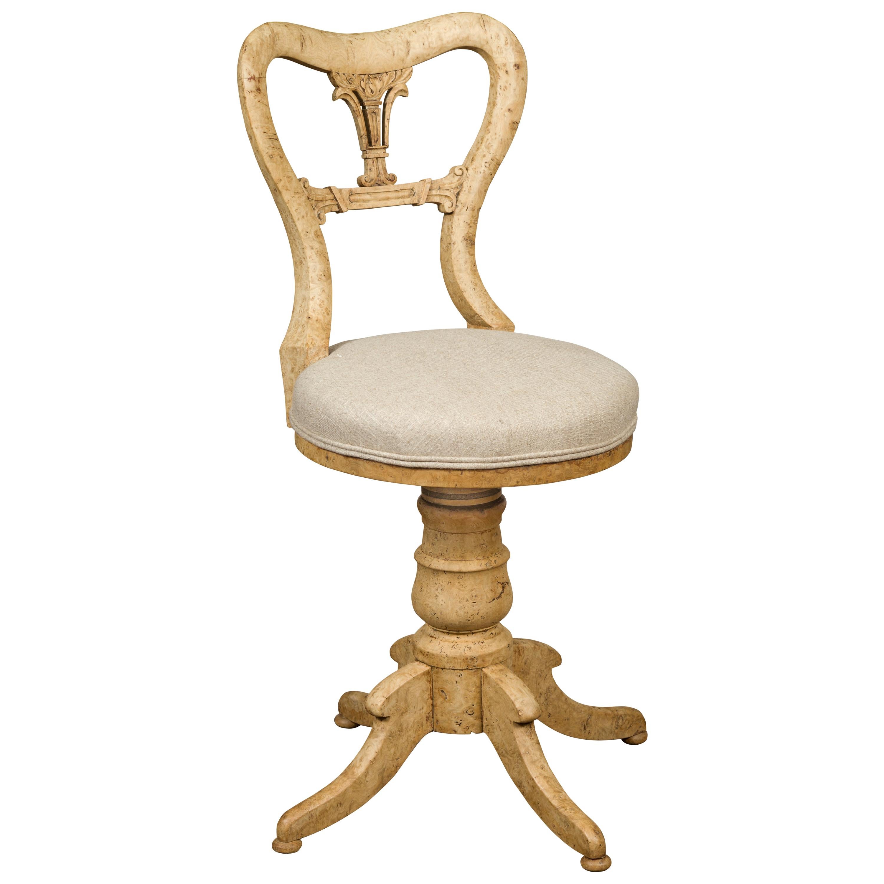 Austrian 1840s Biedermeier Bleached Burled Walnut Swivel Chair with Upholstery For Sale