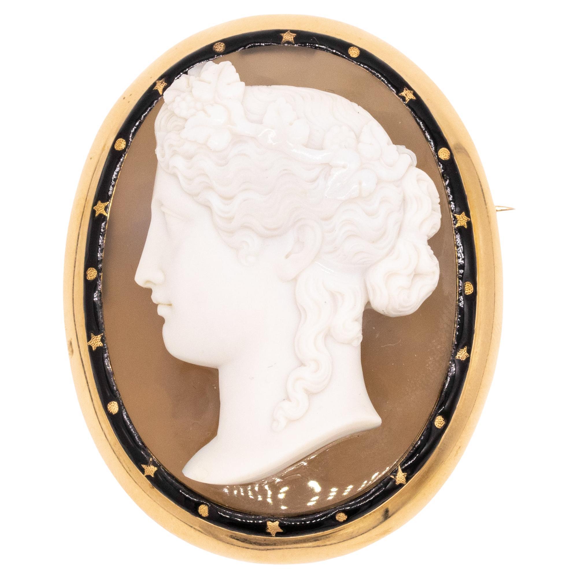 Austrian 1870 Vienna Carved Agate Cameo of Heba in 18kt Yellow Gold with Enamel For Sale