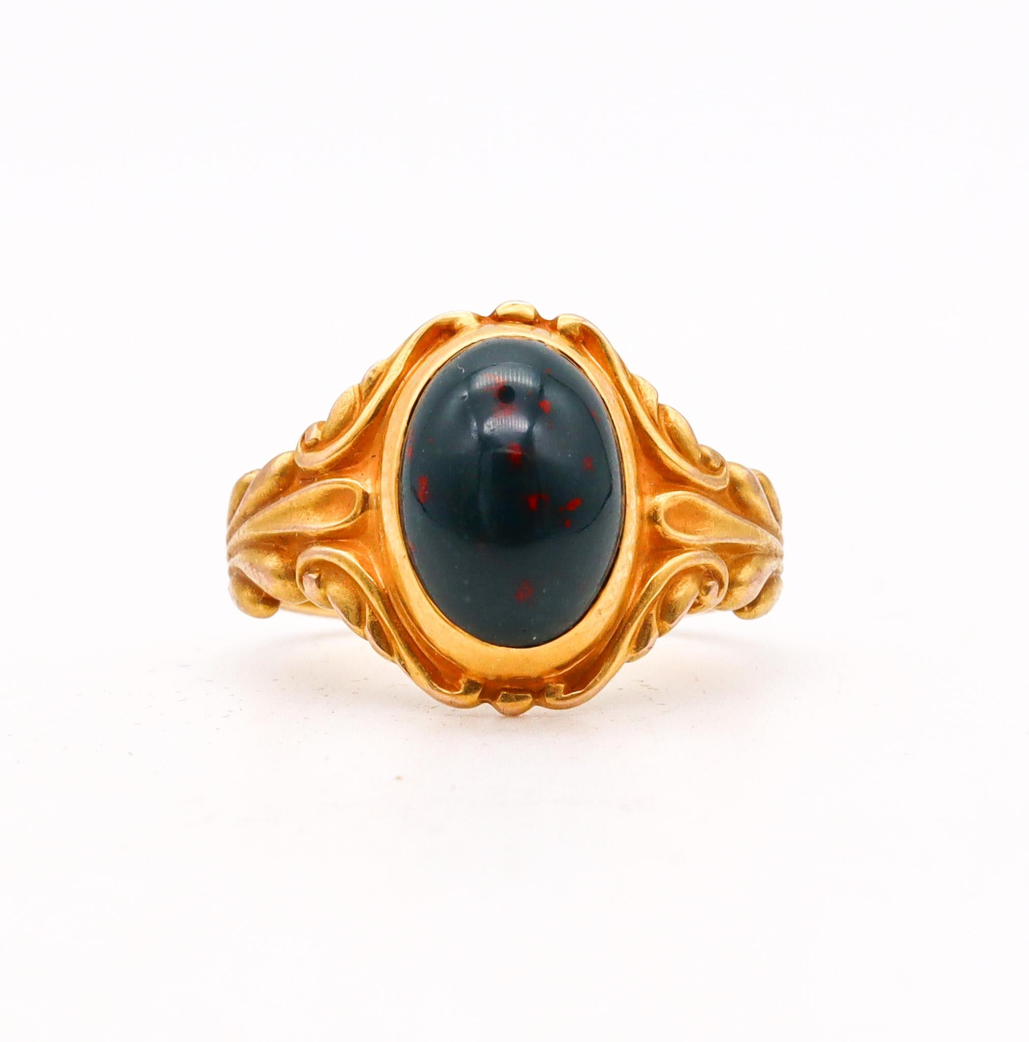 Oval Cut Austrian 1890 Art Nouveau Ring In 18Kt Yellow Gold With Oval Bloodstone