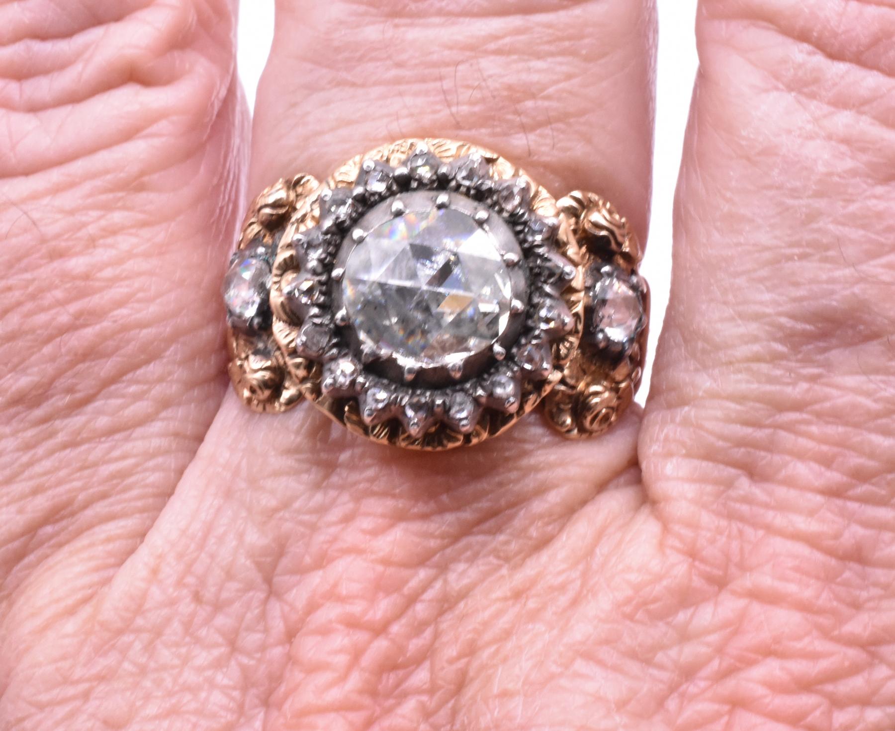 Austrian 18 Karat Rose Diamond Repousse Ring 5