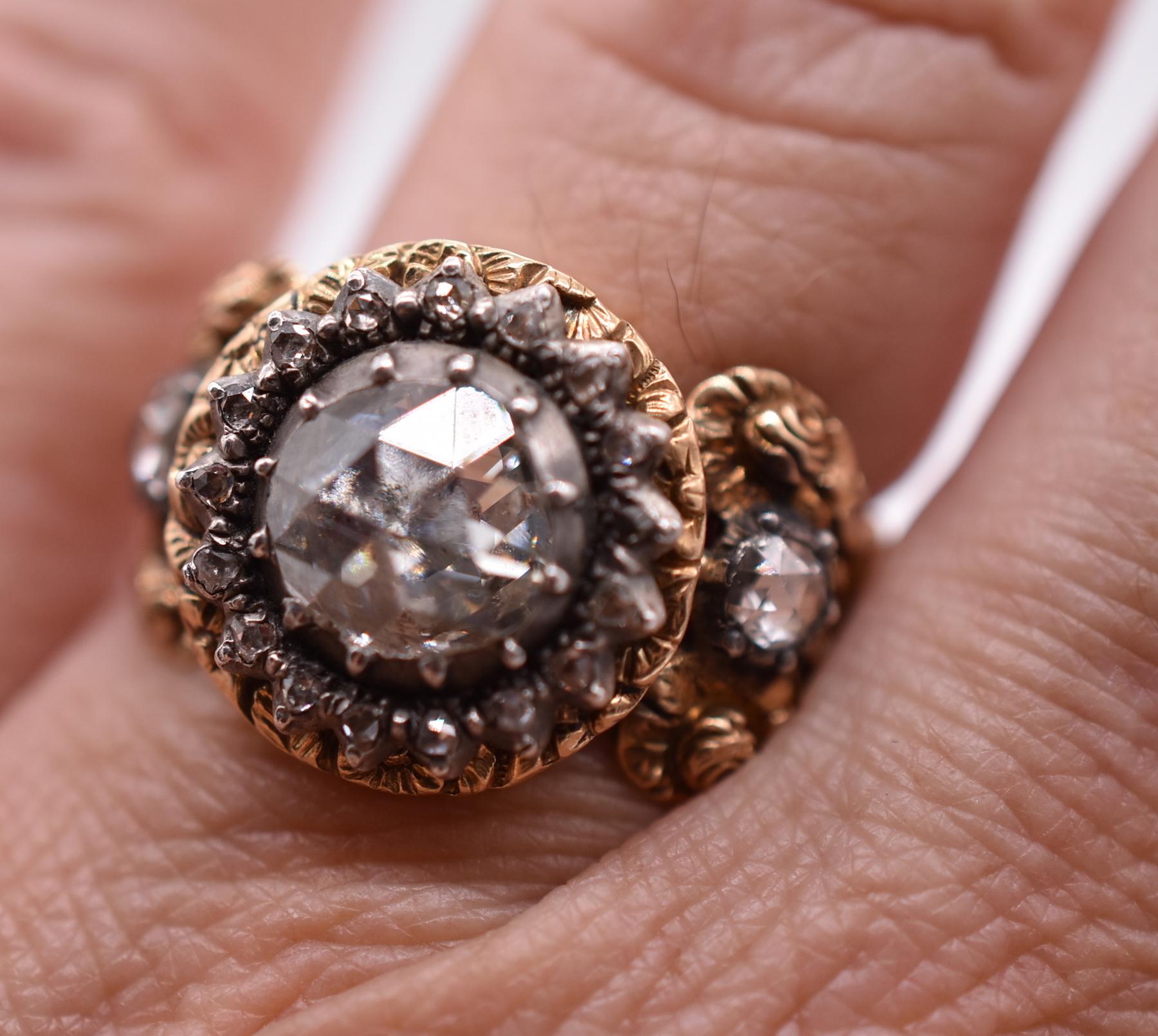 Georgian Austrian 18 Karat Rose Diamond Repousse Ring