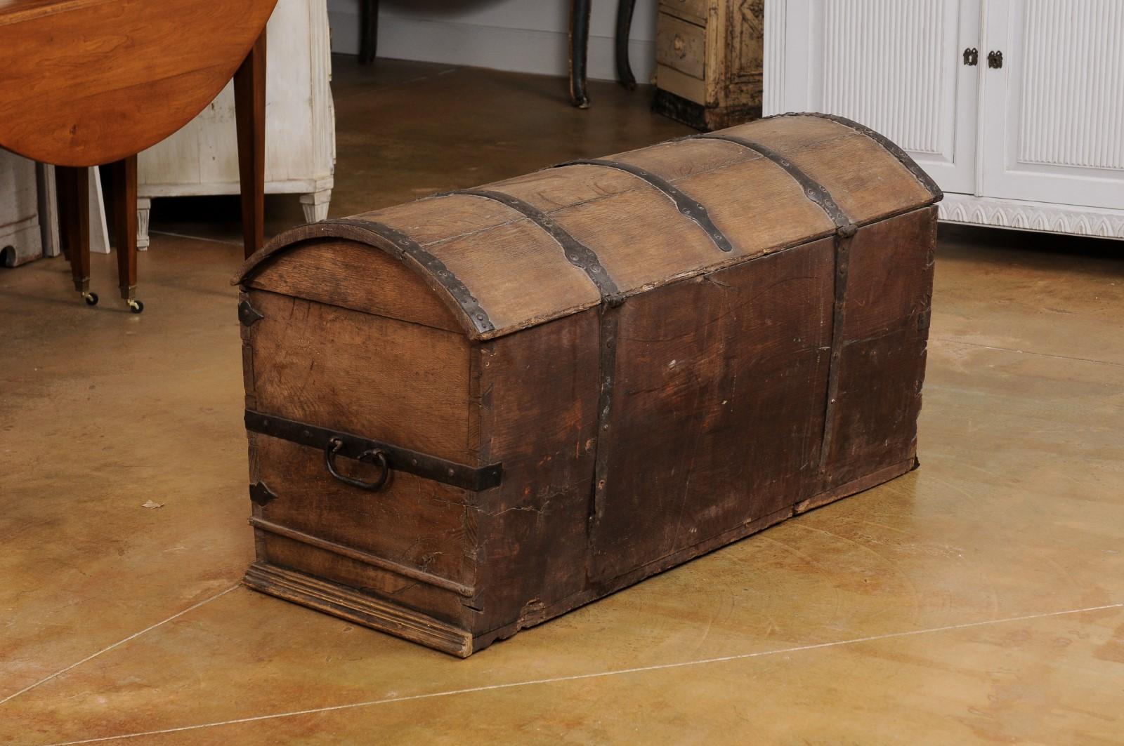Austrian 18th Century Oak Trunk with Domed Lid and Ornate Iron Hardware 6